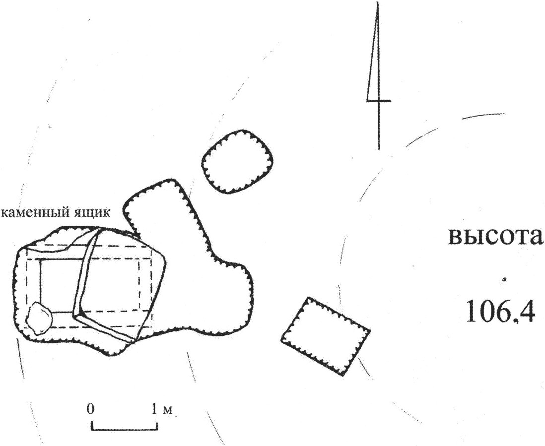 Рис. 2. Курган № 1 (высота 106.4). Разграбленный каменный ящик и грабительские шурфы в западной поле насыпи (фиксация 2009 г.)