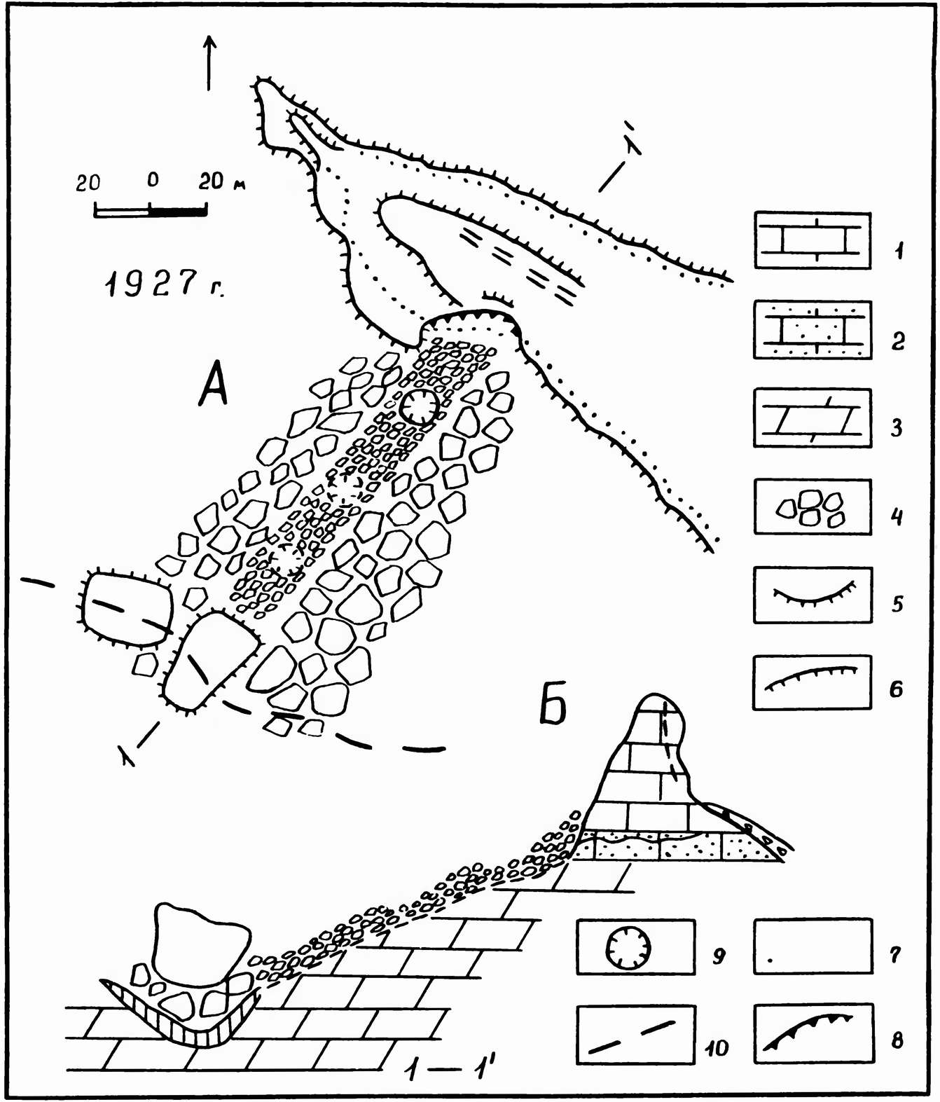 Сeйсмогравитационныe деформациии Предгорного Крыма. Куле-бурунский обвал. (А — план; Б — профиль по линии 1—1, 1 — Известняки. 2 — Песчаники. 3 — Мергели, 4 — Глыбы, 5 — Линия бровки уступов, 6 — Структурные уступы, 7 — Подошвенная линия уступов, 8 — Граница стенки срыва обвала, 9 — Ударная воронка, 10 — Тальвег балки Сeйсмогравитационныe деформациии Предгорного Крыма. Куле-бурунский обвал. (А — план; Б — профиль по линии 1—1, 1 — Известняки. 2 — Песчаники. 3 — Мергели, 4 — Глыбы, 5 — Линия бровки уступов, 6 — Структурные уступы, 7 — Подошвенная линия уступов, 8 — Граница стенки срыва обвала, 9 — Ударная воронка, 10 — Тальвег балки
