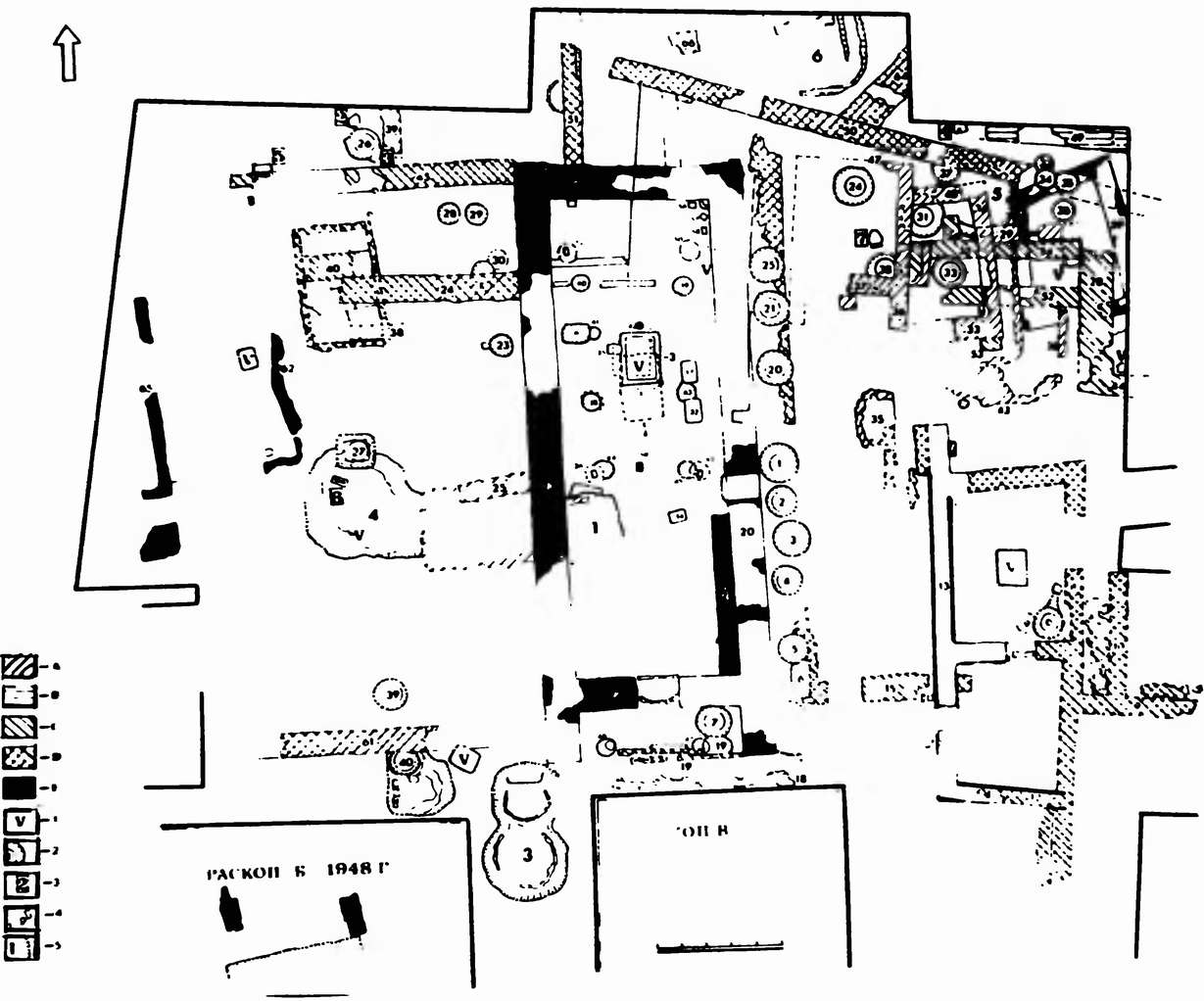 А—Б — горизонты. 1 — очаги. 2 — хозяйственные ямы. 3 — детские погребения. 4 — столбовые и прочие ямки. 5 — землянки А—Б — горизонты. 1 — очаги. 2 — хозяйственные ямы. 3 — детские погребения. 4 — столбовые и прочие ямки. 5 — землянки