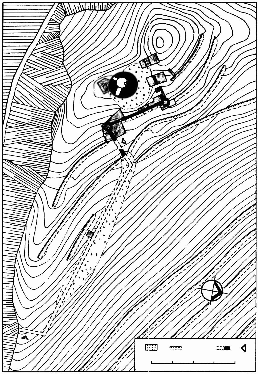 Исследования средневекового укрепления Чобан-Куле. Условные обозначения: 1 — Раскопанные участки. 2 — Искусственные террасы под лесопосадки. 3 — Развалы камня. 4 — Сохранившиеся и разрушившиеся участки стен. 5 — Предполагаемые входы в крепость Исследования средневекового укрепления Чобан-Куле. Условные обозначения: 1 — Раскопанные участки. 2 — Искусственные террасы под лесопосадки. 3 — Развалы камня. 4 — Сохранившиеся и разрушившиеся участки стен. 5 — Предполагаемые входы в крепость