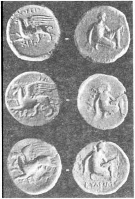 Изображение грифона и коленопреклоненной Партенос на херсонесских монетах последней трети IV в. до н. э Изображение грифона и коленопреклоненной Партенос на херсонесских монетах последней трети IV в. до н. э