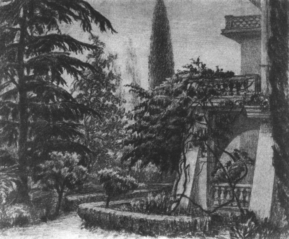 Сад дома писателя в современном виде и угол дома с верандами и балконами Сад дома писателя в современном виде и угол дома с верандами и балконами