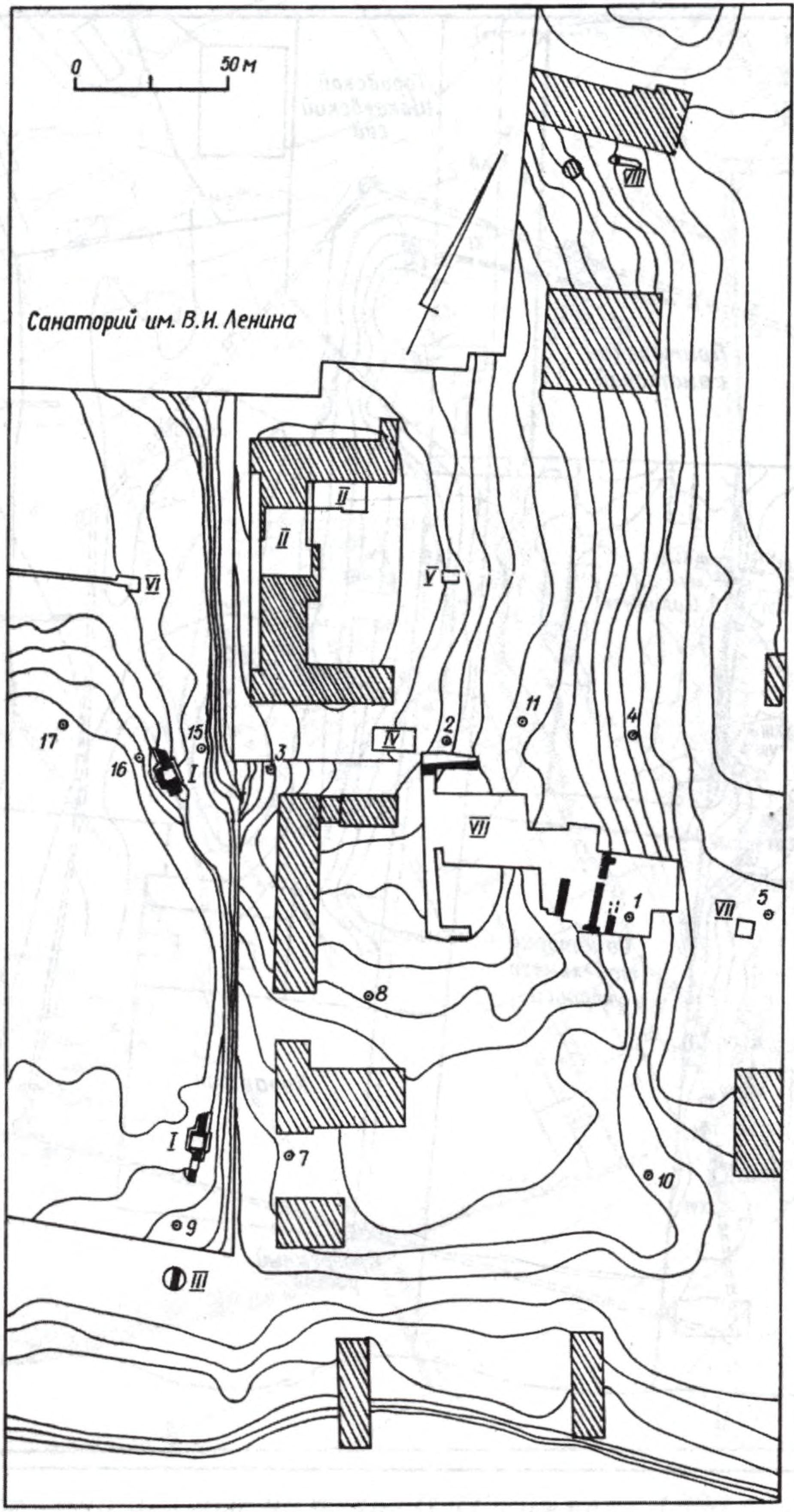 План древнего городища с обозначением участка раскопок 1980—1987 гг.