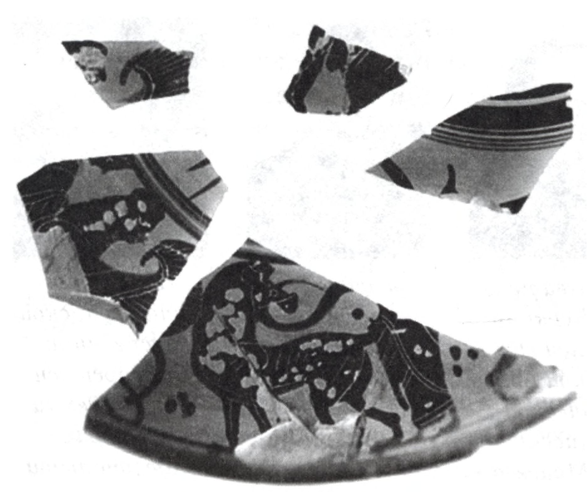 Обломки аттической чернофигурной лекины (сосуда для туалетных принадлежностей) середины VI в. до н. э. с изображением сирены и пантеры в геральдической позе, фланкируемые человеческими фигурами, закутанными в гиматий. Находка 2000 г. на Дувановской улице