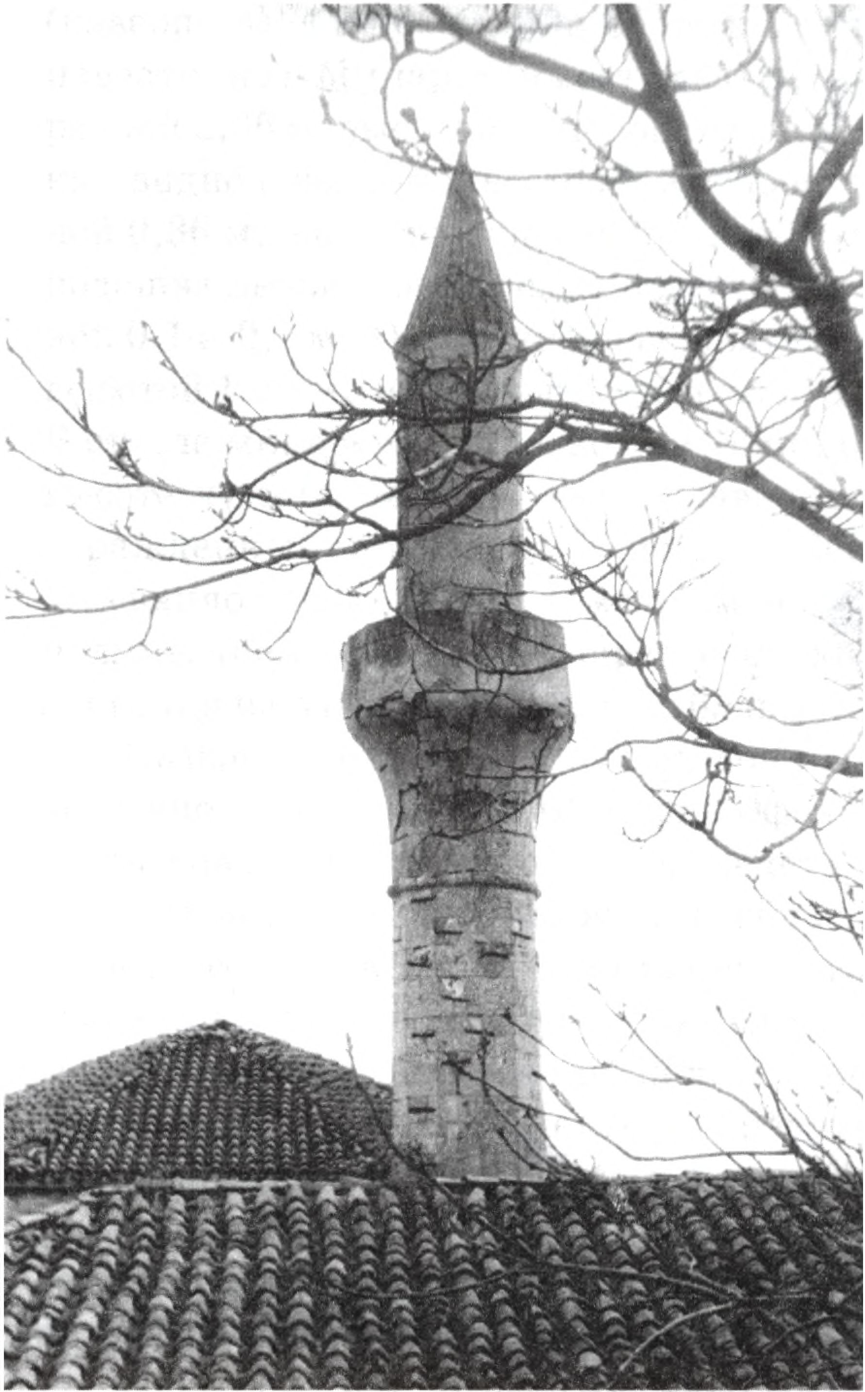 Вид с запада на черепичные кровли мечети, текке и минарет до начала реставрационных работ 1986 г.