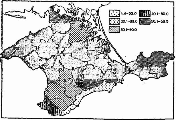 Удельный вес посевов озимой пшеницы (в процентах ко всей посевной площади). Административная сетка взята по данным 1952 г. В 1953 г. в Крымской области выделено 24 административных района Удельный вес посевов озимой пшеницы (в процентах ко всей посевной площади). Административная сетка взята по данным 1952 г. В 1953 г. в Крымской области выделено 24 административных района