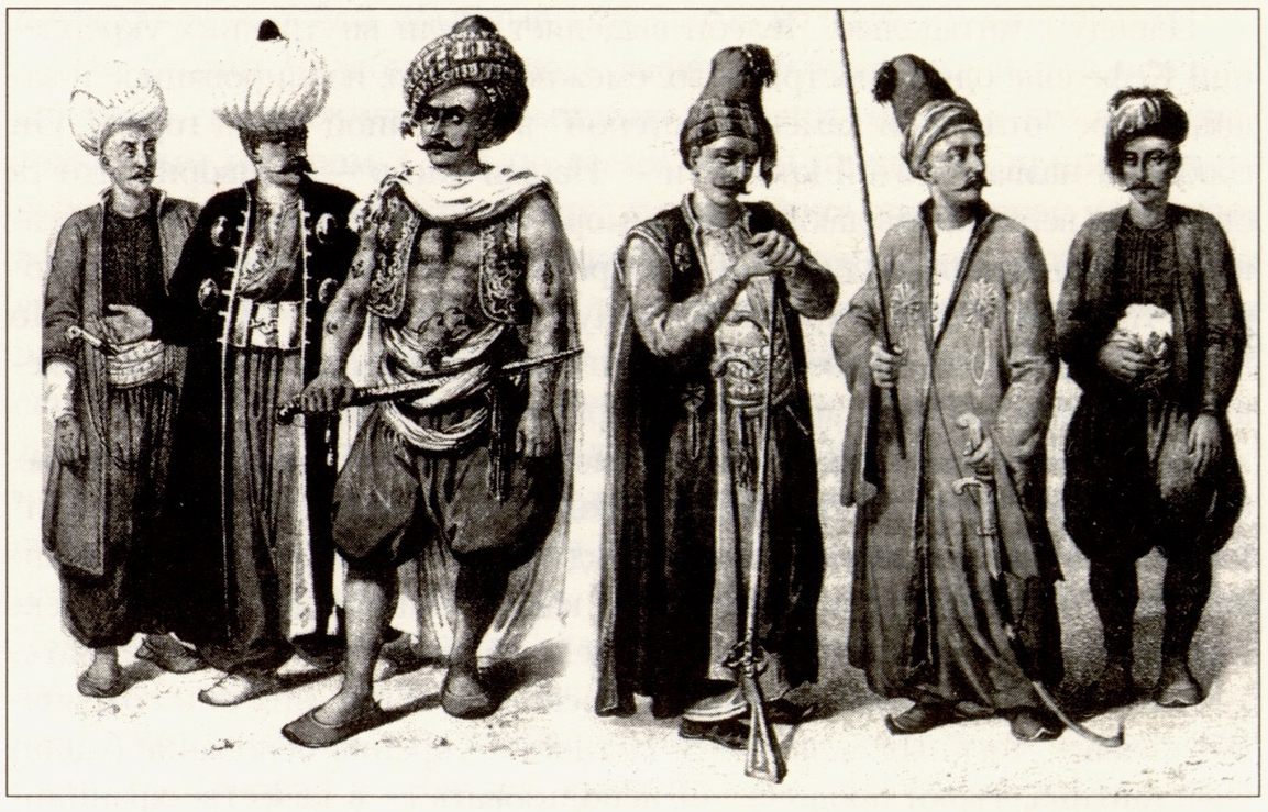 Воины турецкой армии: янычар, капитан, моряк, конный артиллерист, капитан инфантерии, артиллерист. Реконструкция В. Бруна Воины турецкой армии: янычар, капитан, моряк, конный артиллерист, капитан инфантерии, артиллерист. Реконструкция В. Бруна