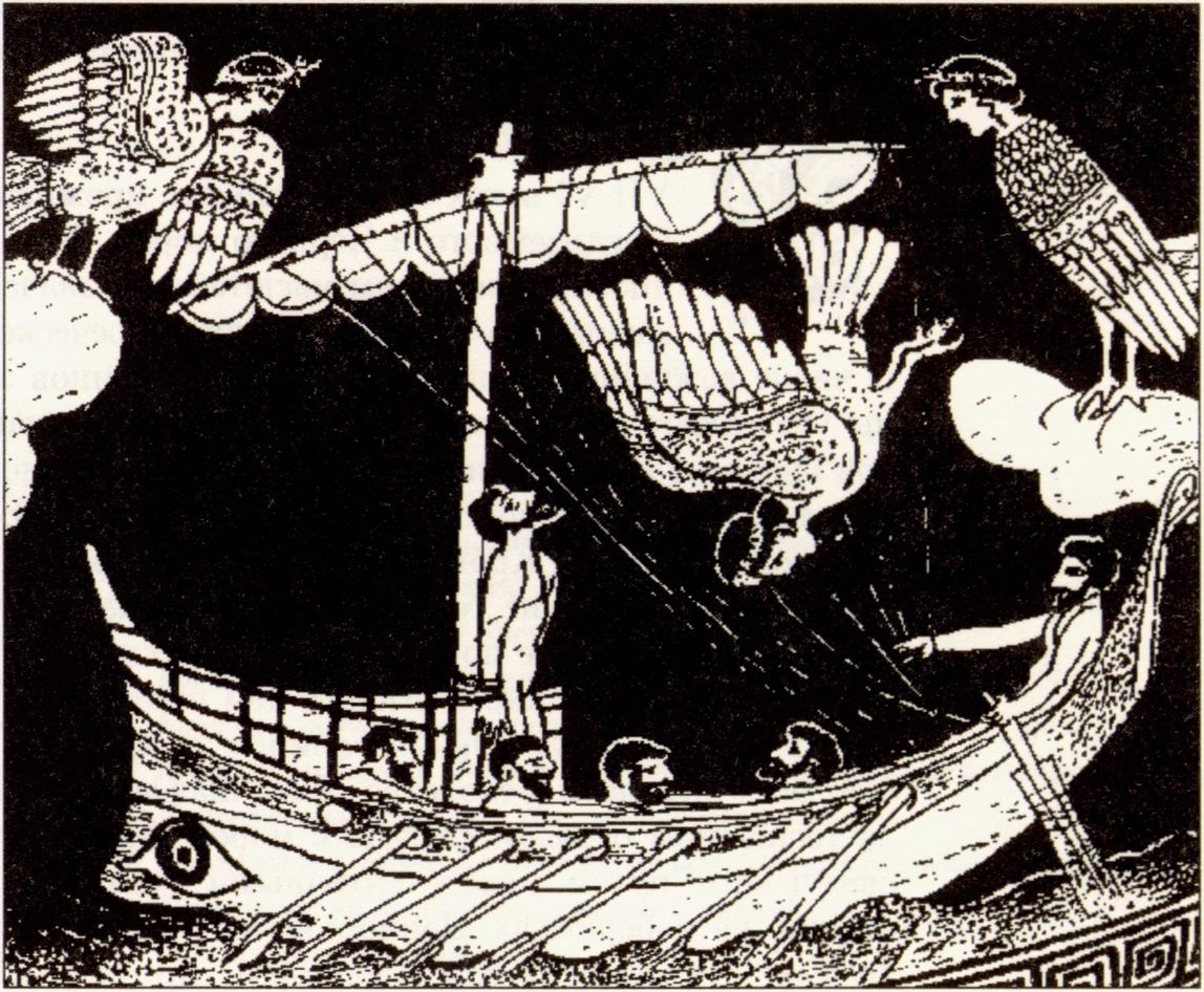 Герой древнегреческих мифов Одиссей и сирены. Изображение на краснофигурном стамносе. V в. до н.э