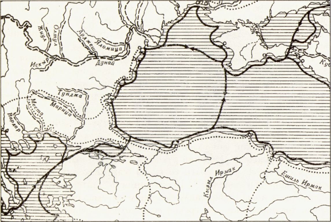 Карта торговых путей Причерноморья в античную эпоху. Составитель И. Ёрашинский ——— морские, ----- речные, ...... сухопутные