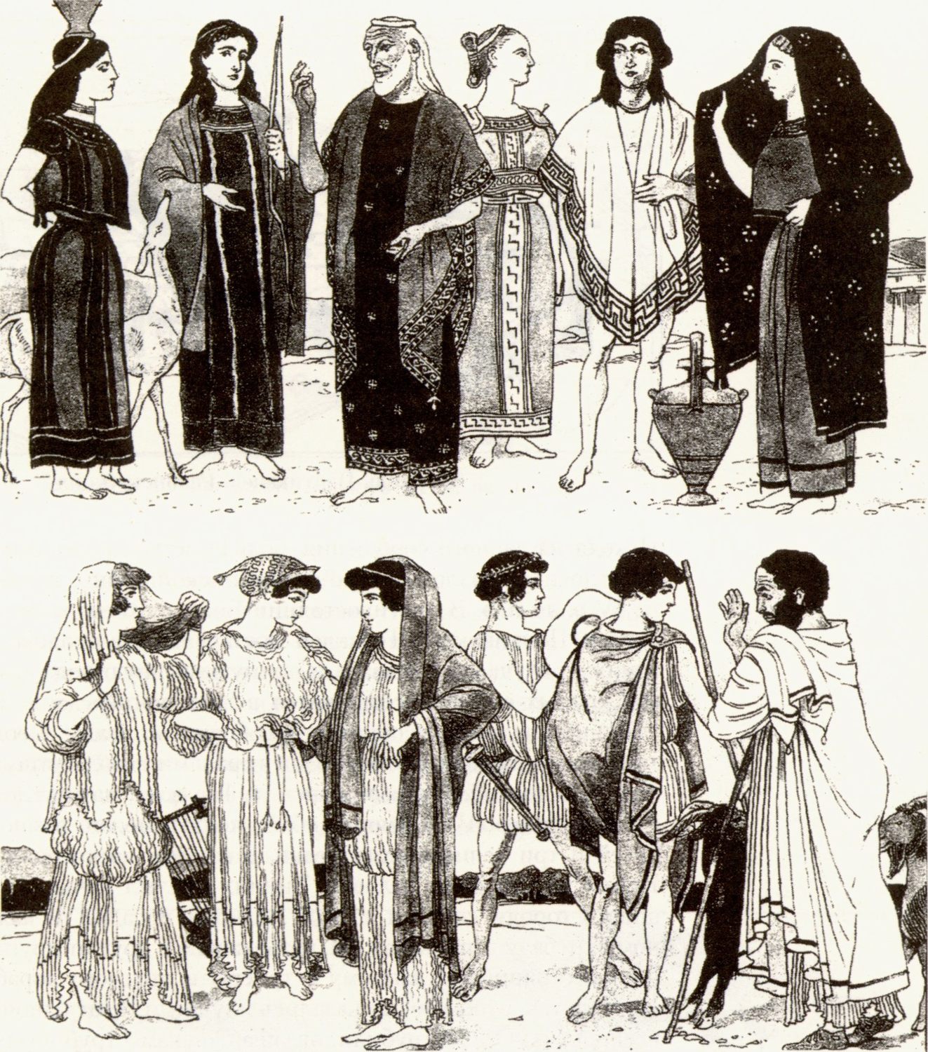 Греческая одежда VI—V вв. до н.э. Реконструкция В. Бруна Верхний ряд — 1-я половина VI в. до нэ. слева — направо. Нижний ряд — VI и V вв. до н.э., слева — направо