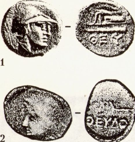 Монеты Феодосии IV—III вв. до н.э. 1. Серебро, диобол. 2. Бронза, тетрахалк