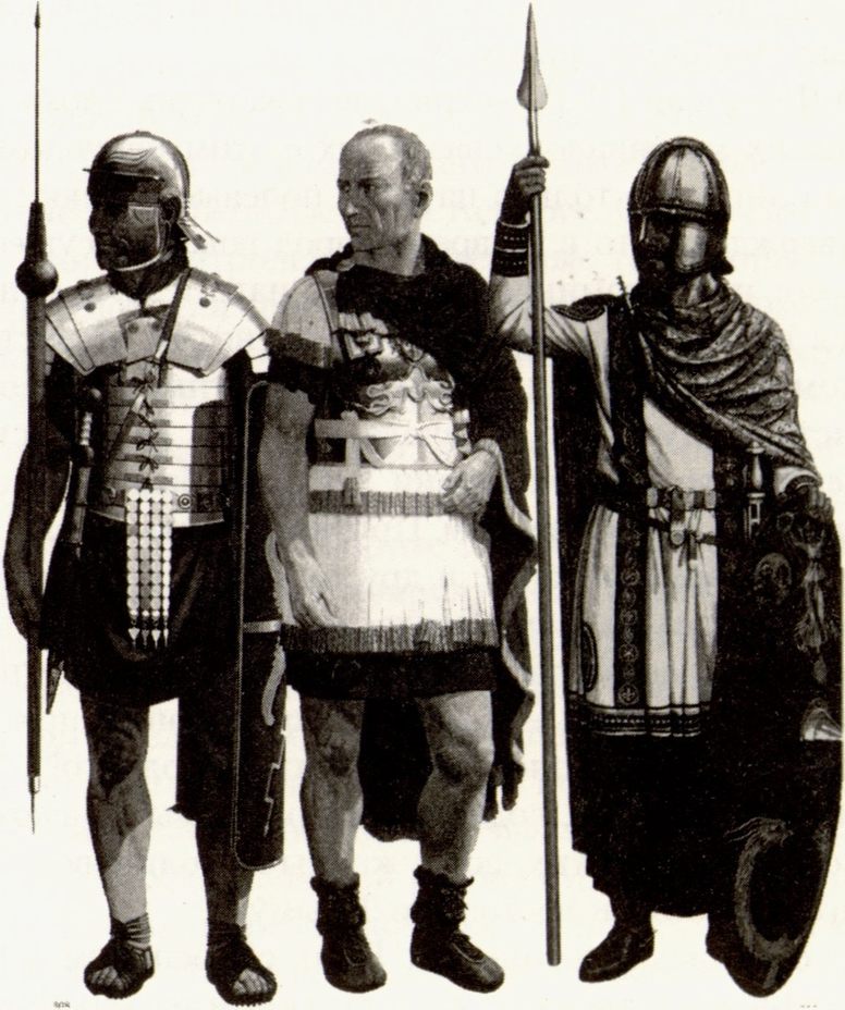 Воины римской армии I—III вв. н.э. Слева-направо: легионер, легат, офицер конницы