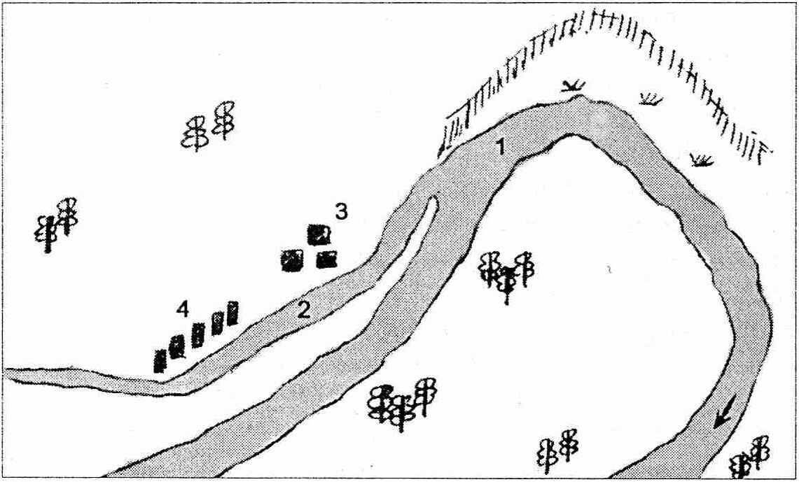 Схема расположения Икорецкой верфи. 1 и 2 — реки Дон и Икорец; 3 — сараи для леса; 4 — стапели со строящимися на них прамами. Схема выполнена автором Схема расположения Икорецкой верфи. 1 и 2 — реки Дон и Икорец; 3 — сараи для леса; 4 — стапели со строящимися на них прамами. Схема выполнена автором