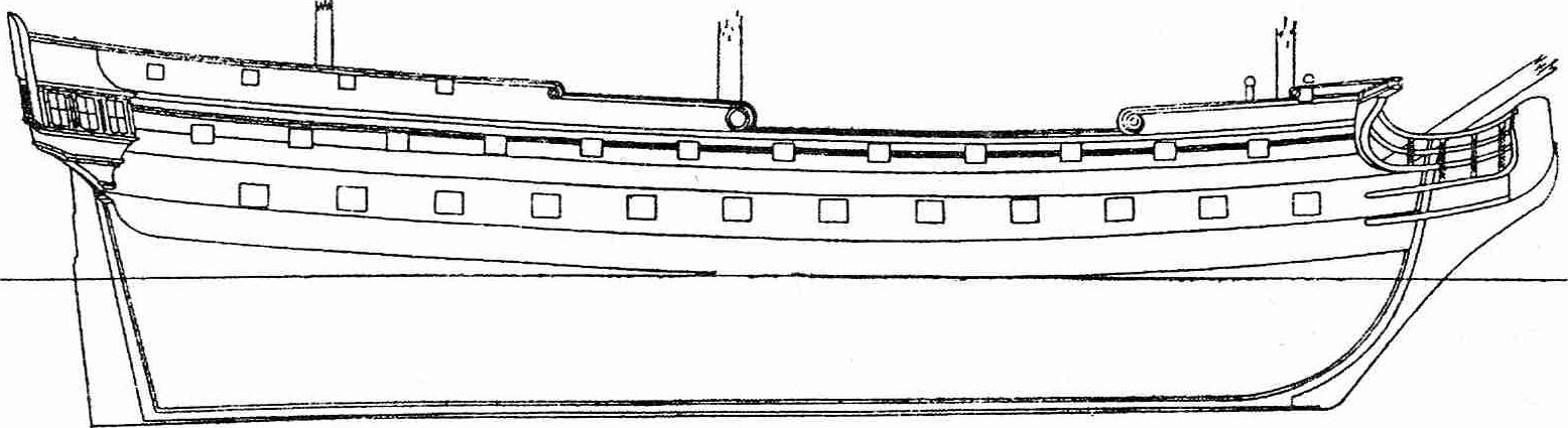 Общий вид и проекция «корпус» теоретического чертежа 58-пушечного корабля. Проект А.С. Катасанова, январь 1777 г.