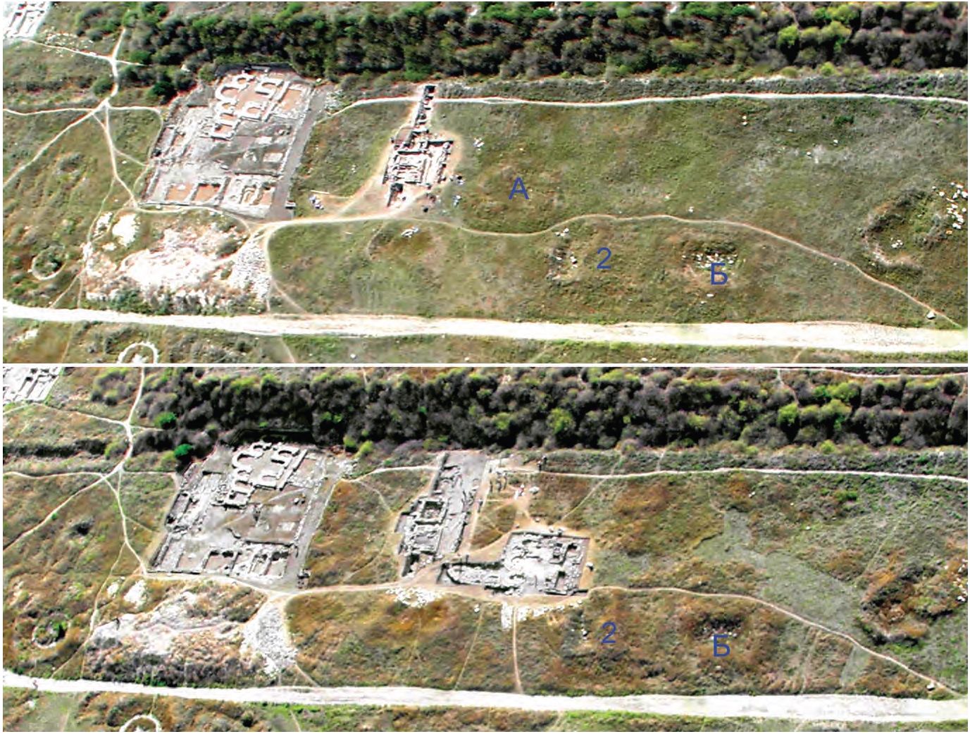 93. Возможности аэрофотографии: верхний снимок — участок рядом с пятиапсидным храмом с прослеживаемыми контурами сакрального сооружения, нижний снимок — после раскопок храма 93. Возможности аэрофотографии: верхний снимок — участок рядом с пятиапсидным храмом с прослеживаемыми контурами сакрального сооружения, нижний снимок — после раскопок храма