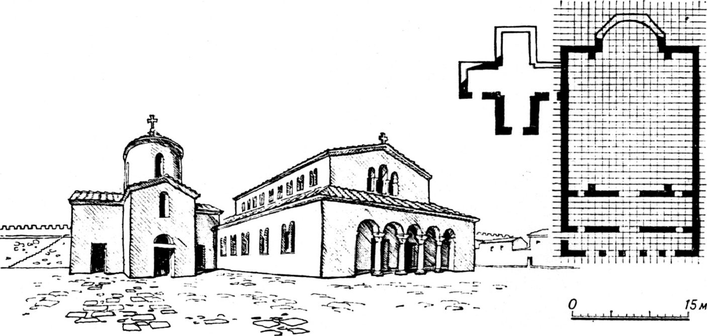 Рис. 2. Западная базилика, план и графическая реконструкция Ю.Г. Лосицкого Рис. 2. Западная базилика, план и графическая реконструкция Ю.Г. Лосицкого