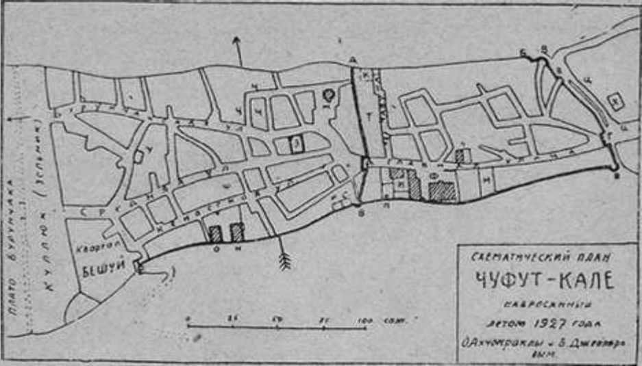 Экспликация к плану Чуфут-Кале: А — Средняя крепостная стена. Б — Восточная креп. стена. В — Крепостные башни. Г — Восточн. креп. ворота. Д — Средние креп. ворота. Е — Малые креп. ворота. Ж — Мавзолей Джанике-ханым (Ненекеджан). З — Развалины мечети XIV в. И — Бывш. дом А. Фирковича. К — Пещера Чауша, известная под названием «Судилища» и «Темницы». Л — Бывш. дом караима Помпа, ныне домик Бахчисар. музея. М — Бывший дом С. Бейма. Н — Караимская древняя кенасса. О — Запасная кенасса. П — «Копка-кую» — сквозной колодец для подъема воды из нижней цистерны. Р — Хамам-коба (банная пещера). С — Сакыз коба (мастичная пещ.). Т — Место б. ханского монетного двора. У — Развалины древнего монументального здания. Ф — Быв. караим. общественный дом-дворец (1896 г.), ныне музейное хранилище. Х — Бассейн в скале. Ц — Привозная площадь. Ч — Старый базар. Ш — Место б. караимской школы Экспликация к плану Чуфут-Кале: А — Средняя крепостная стена. Б — Восточная креп. стена. В — Крепостные башни. Г — Восточн. креп. ворота. Д — Средние креп. ворота. Е — Малые креп. ворота. Ж — Мавзолей Джанике-ханым (Ненекеджан). З — Развалины мечети XIV в. И — Бывш. дом А. Фирковича. К — Пещера Чауша, известная под названием «Судилища» и «Темницы». Л — Бывш. дом караима Помпа, ныне домик Бахчисар. музея. М — Бывший дом С. Бейма. Н — Караимская древняя кенасса. О — Запасная кенасса. П — «Копка-кую» — сквозной колодец для подъема воды из нижней цистерны. Р — Хамам-коба (банная пещера). С — Сакыз коба (мастичная пещ.). Т — Место б. ханского монетного двора. У — Развалины древнего монументального здания. Ф — Быв. караим. общественный дом-дворец (1896 г.), ныне музейное хранилище. Х — Бассейн в скале. Ц — Привозная площадь. Ч — Старый базар. Ш — Место б. караимской школы