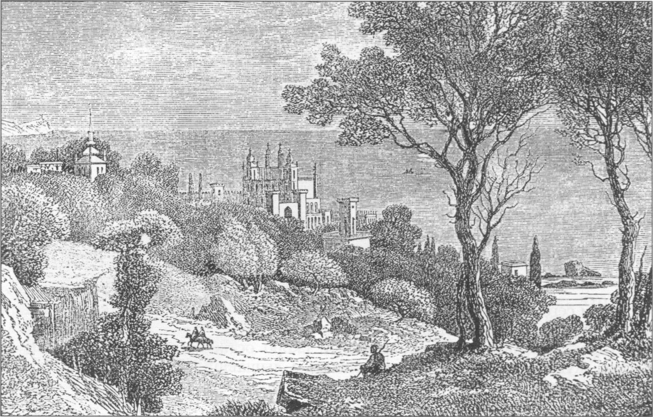 Алупка. Гравюра из альбома «Виды Крыма». Изд. Редакции журнала «Мирской вестник» (СПб., 1875) Алупка. Гравюра из альбома «Виды Крыма». Изд. Редакции журнала «Мирской вестник» (СПб., 1875)