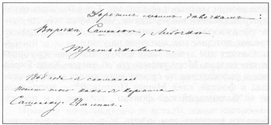 Факсимиле автографа В.Н. Третьяковой на обороте своего фотопортрета, воспроизведенного на с. 44: «Дорогим моим девочкам: Верочке, Сашеньке, Любочке Третьяковым. 1868 года я снималась после того, как я кормила Сашеньку. 24-х лет». Отдел рукописей Гос. Третьяковской галереи. В печатном виде воспроизводится впервые Факсимиле автографа В.Н. Третьяковой на обороте своего фотопортрета, воспроизведенного на с. 44: «Дорогим моим девочкам: Верочке, Сашеньке, Любочке Третьяковым. 1868 года я снималась после того, как я кормила Сашеньку. 24-х лет». Отдел рукописей Гос. Третьяковской галереи. В печатном виде воспроизводится впервые