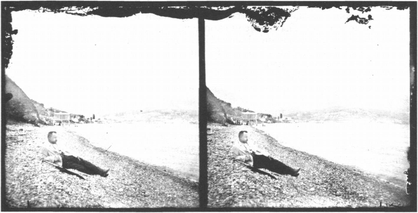 Путешественник на Южном берегу Крыма у купальни Саглык-Су. Стереопара нач. XX в. Воспроизводится без ретуши. Фотограф неизвестен. Центральный архив кинофотофонодокументов (Петербург). В-4143. Публикуется впервые Путешественник на Южном берегу Крыма у купальни Саглык-Су. Стереопара нач. XX в. Воспроизводится без ретуши. Фотограф неизвестен. Центральный архив кинофотофонодокументов (Петербург). В-4143. Публикуется впервые