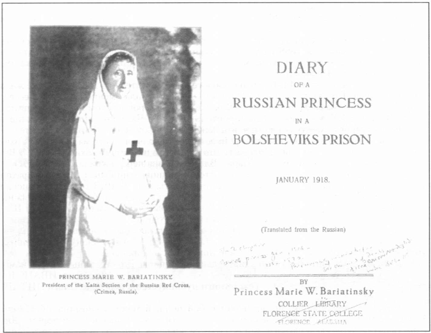 Фронтиспис и титульный лист книги. Подпись под фото: княгиня М.В. Барятинская, председатель Ялтинского отделения Русского Красного Креста (Крым, Россия) Фронтиспис и титульный лист книги. Подпись под фото: княгиня М.В. Барятинская, председатель Ялтинского отделения Русского Красного Креста (Крым, Россия)