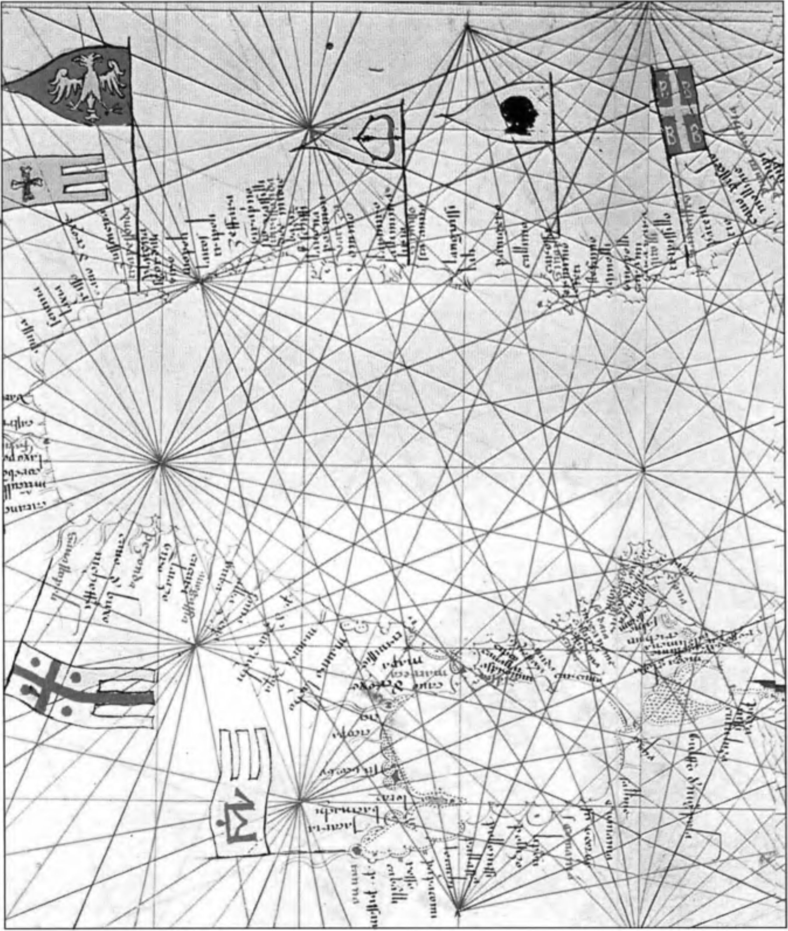 Венецианская карта-портолан 1321 г. восточной части Черного моря с Крымом. Флаги с гербами отмечают принадлежность важнейших торговых пунктов. Владения Византии (справа) отмечены крестом с четырьмя буквами «В»; Трапезунда — двуглавым орлом