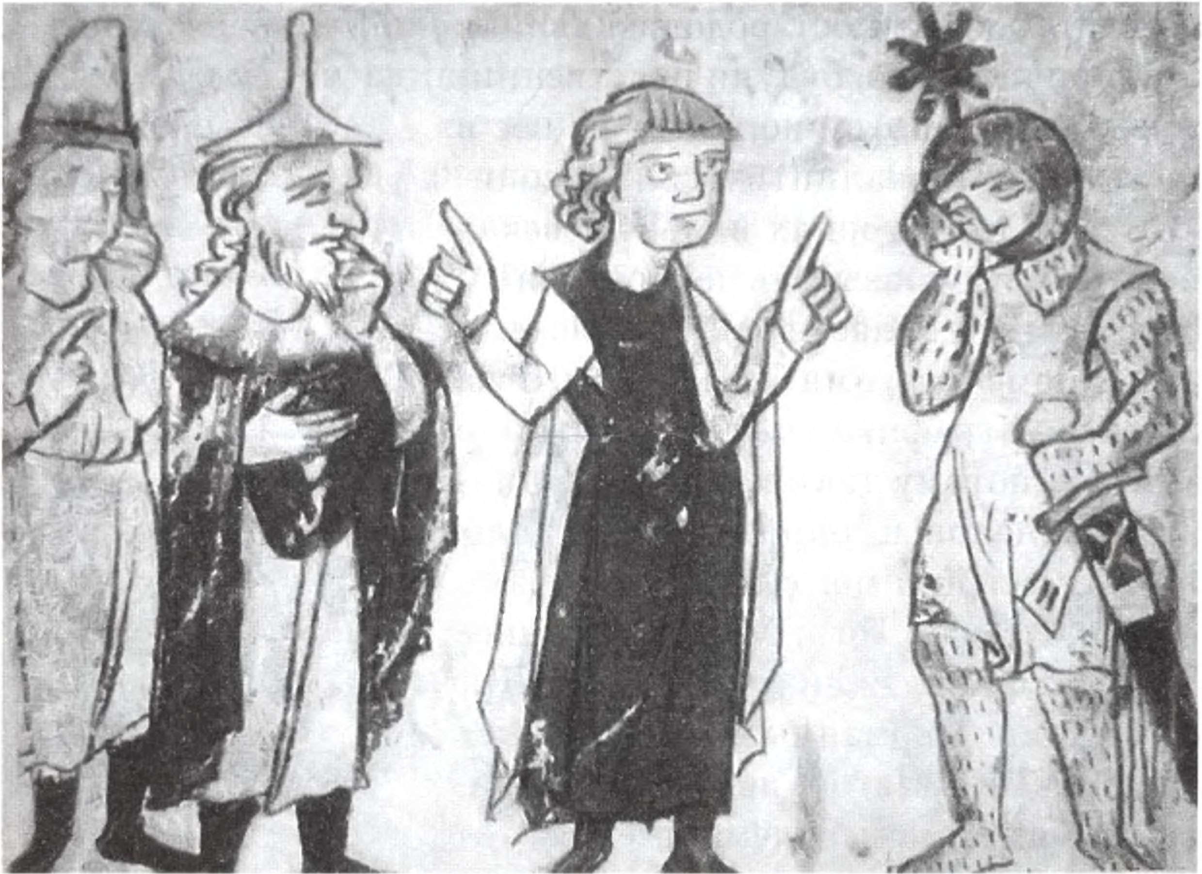 Диалог религий: поэт Вольфрам фон Эшенбах (XII—XIII вв.) пытается примирить крестоносца, еврея и мусульманина (еврей изображен в обязательной для ношения остроконечной шляпе). Средневековая миниатюра Диалог религий: поэт Вольфрам фон Эшенбах (XII—XIII вв.) пытается примирить крестоносца, еврея и мусульманина (еврей изображен в обязательной для ношения остроконечной шляпе). Средневековая миниатюра