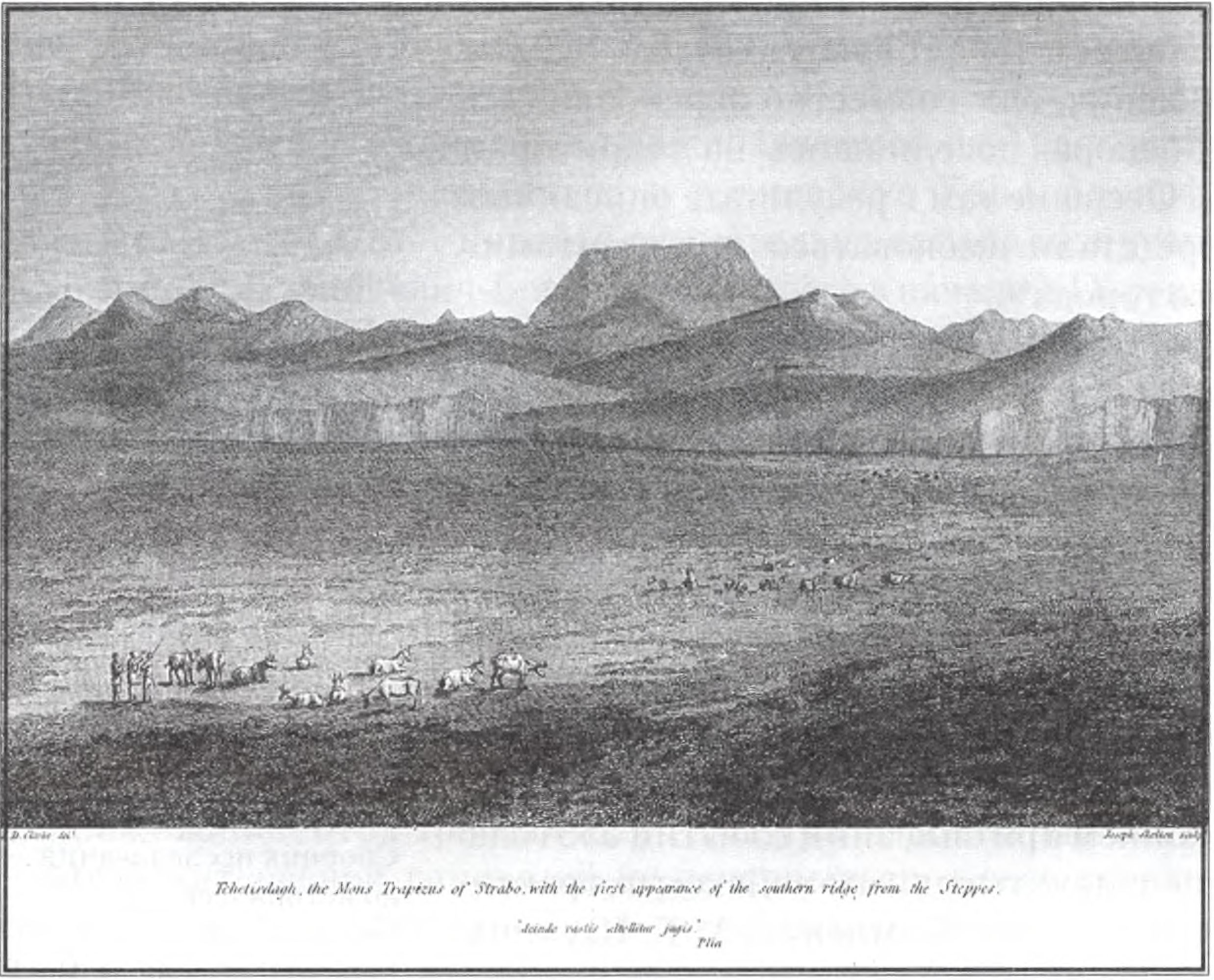 Рисунок горы Чатыр-Даг в книге Э. Кларка (1800 г.). Английская подпись гласит: «Чатырдаг, гора Трапезус Страбона, вид при появлении южного гребня горы из степей» Рисунок горы Чатыр-Даг в книге Э. Кларка (1800 г.). Английская подпись гласит: «Чатырдаг, гора Трапезус Страбона, вид при появлении южного гребня горы из степей»