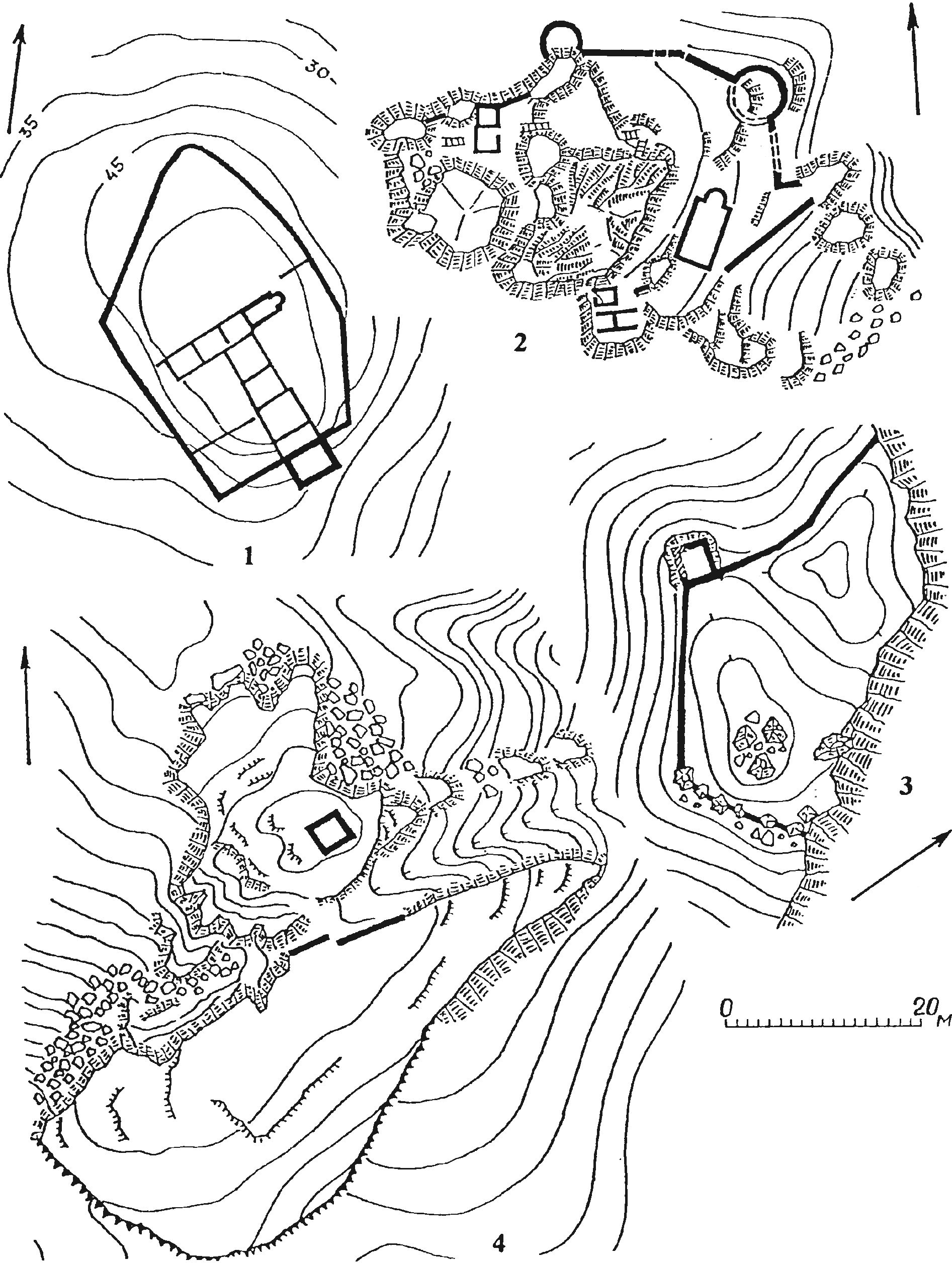 Рис. 10. Укрепления XV в. приморской Готии и консульства Каффы: 1 — Кордон-Оба (Calliera); 2 — Симеиз; 3 — Дегерменкой; 4 — Гелин-Кая Рис. 10. Укрепления XV в. приморской Готии и консульства Каффы: 1 — Кордон-Оба (Calliera); 2 — Симеиз; 3 — Дегерменкой; 4 — Гелин-Кая