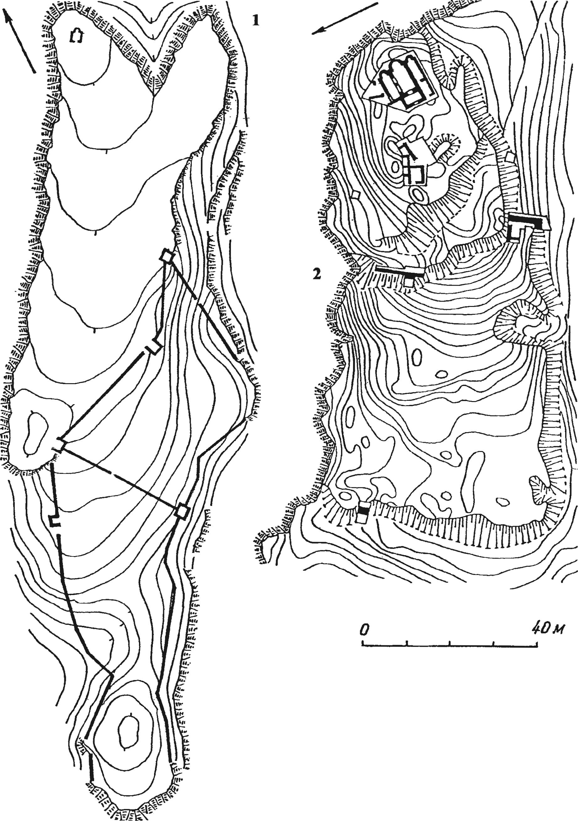 Рис. 94. Замок XV в. на г. Сандык-Кая (1) и монастырь X—XV вв. на г. Пахкал-Кая (2) Рис. 94. Замок XV в. на г. Сандык-Кая (1) и монастырь X—XV вв. на г. Пахкал-Кая (2)