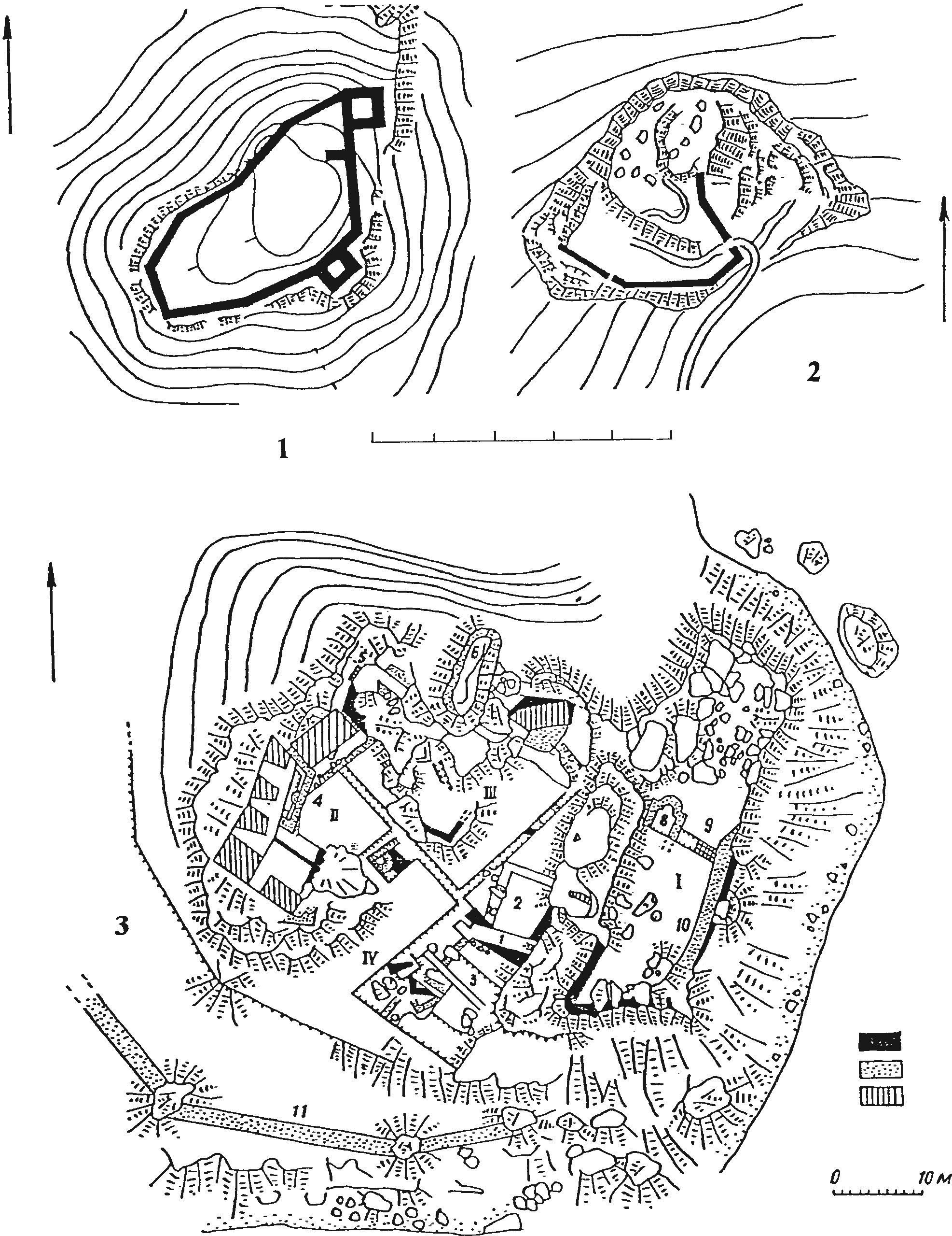 Рис. 11. Укрепления XV в. побережья Готии: 1 — Кале-Поти (Partenici); 2 — Учансу-Исар; 3 — Гурзувий (Gorzoni) Рис. 11. Укрепления XV в. побережья Готии: 1 — Кале-Поти (Partenici); 2 — Учансу-Исар; 3 — Гурзувий (Gorzoni)