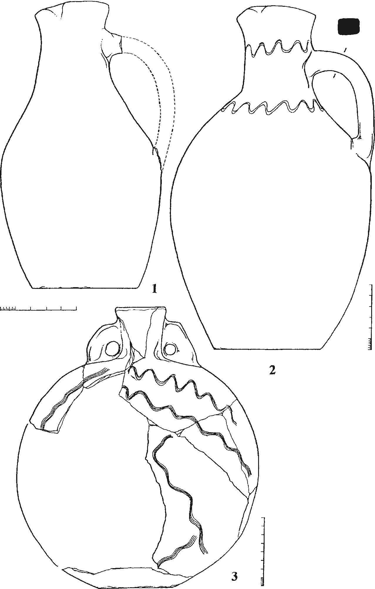 Рис. 104. Лепные кувшины (1—2) и фляга (3) рубежа XIII—XIV вв. из раскопок Лусты (Алушты) золотоордынского периода Рис. 104. Лепные кувшины (1—2) и фляга (3) рубежа XIII—XIV вв. из раскопок Лусты (Алушты) золотоордынского периода