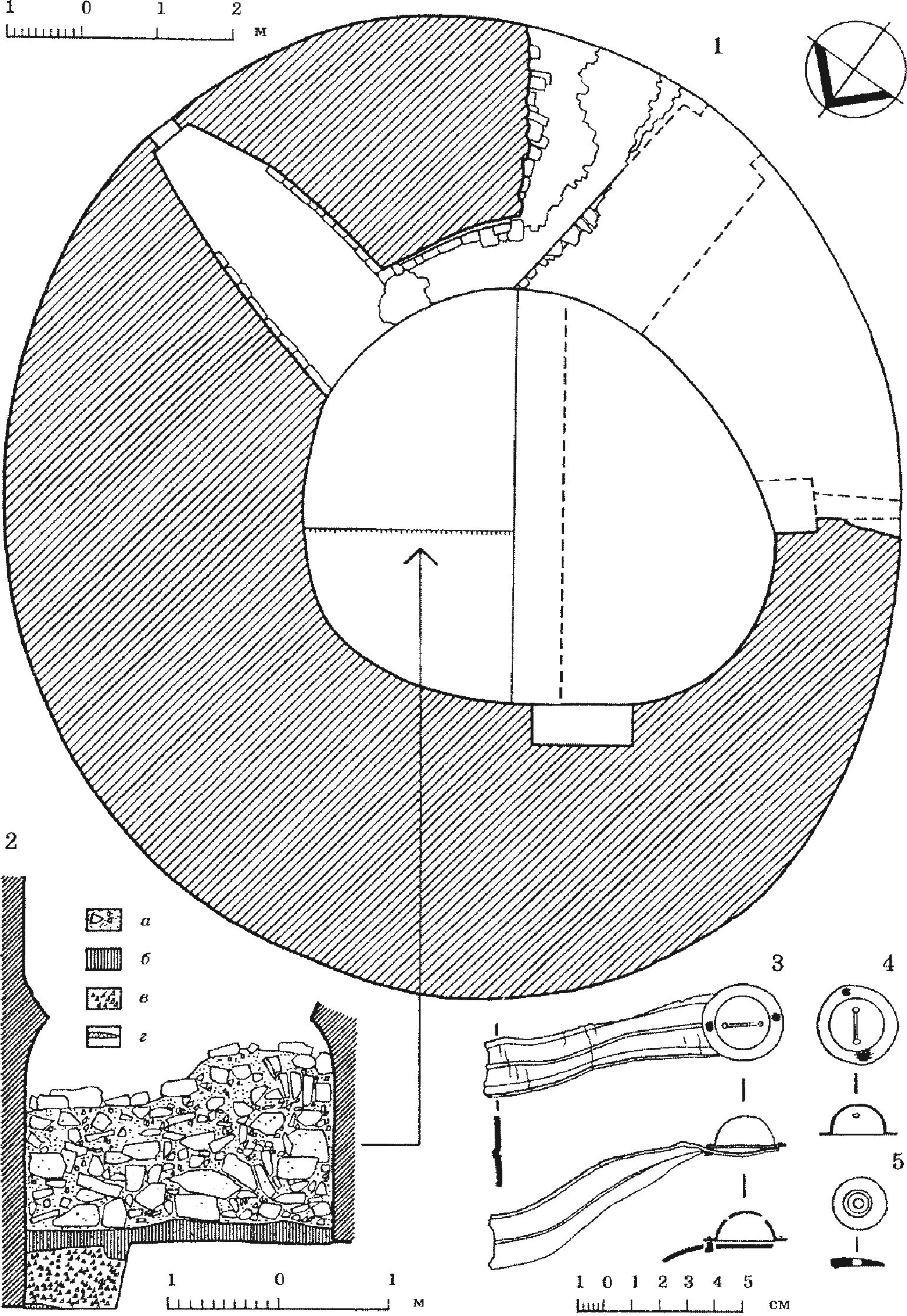 Рис. 126. Раскоп в северо-восточном помещении цокольного этажа донжона. Отдельные находки. 1 — план донжона с указанием исследованного участка; 2 — стратиграфический разрез. Условные обозначения: а — деструктированный известковый раствор; б — рыхлый коричневый грунт; в — щебень глинистых сланцев; г — натек известкового раствора; 3, 4 — фрагменты кожаного ремня с серебряными накладками из засыпи фундаментной траншеи донжона; 5 — костяная пуговица из слоя разрушения Рис. 126. Раскоп в северо-восточном помещении цокольного этажа донжона. Отдельные находки. 1 — план донжона с указанием исследованного участка; 2 — стратиграфический разрез. Условные обозначения: а — деструктированный известковый раствор; б — рыхлый коричневый грунт; в — щебень глинистых сланцев; г — натек известкового раствора; 3, 4 — фрагменты кожаного ремня с серебряными накладками из засыпи фундаментной траншеи донжона; 5 — костяная пуговица из слоя разрушения