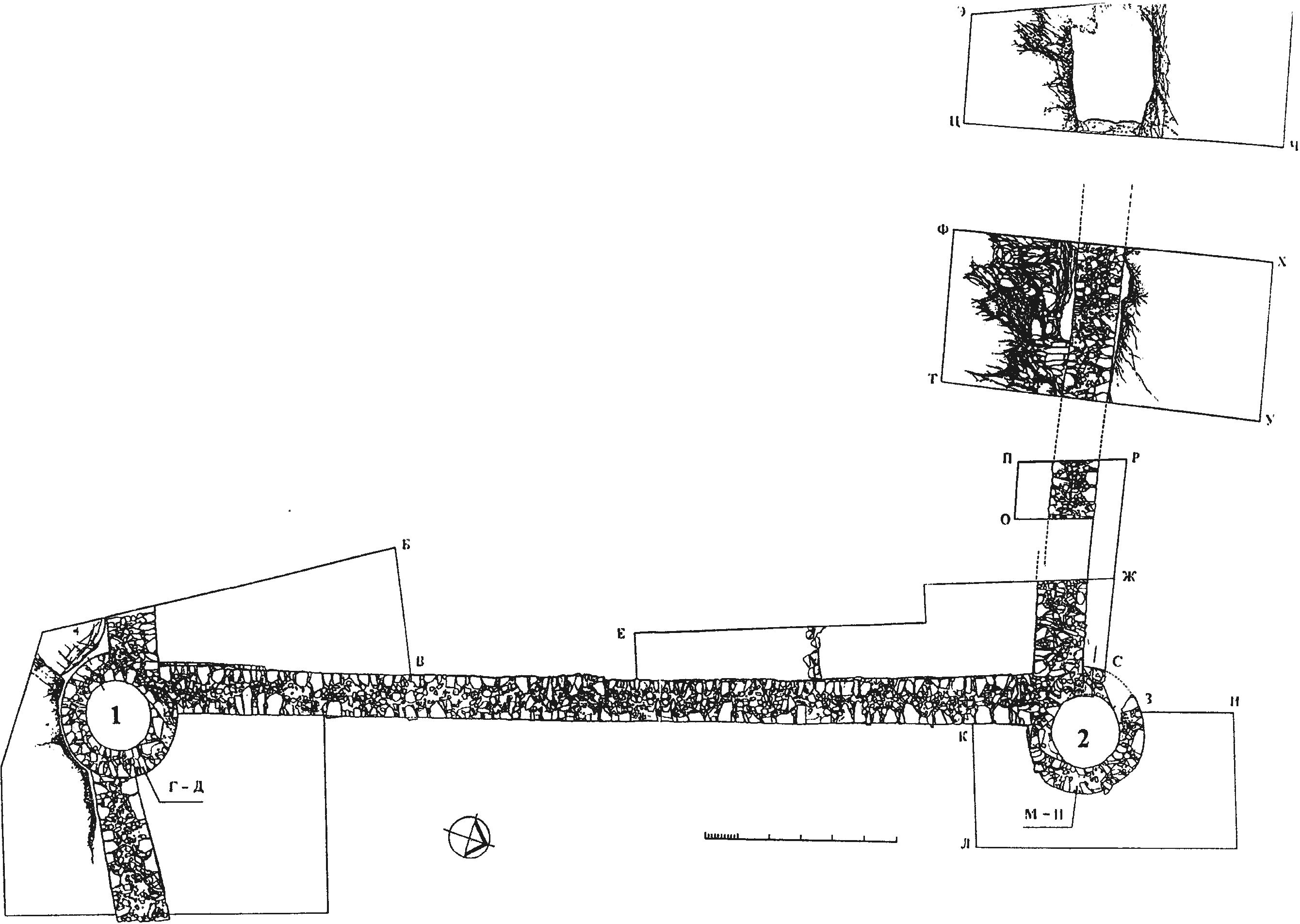Рис. 127 а. План раскопок внешнего периметра обороны замка Тасили (1474 г.) с фланкирующими круглыми башнями Рис. 127 а. План раскопок внешнего периметра обороны замка Тасили (1474 г.) с фланкирующими круглыми башнями