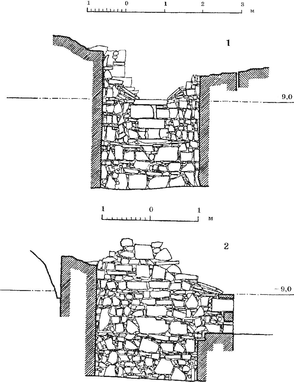 Рис. 129. Разрезы восточной башни (№ 1): 1 — разрез З—В; 2 — разрез Ю—С по оси бойницы Рис. 129. Разрезы восточной башни (№ 1): 1 — разрез З—В; 2 — разрез Ю—С по оси бойницы