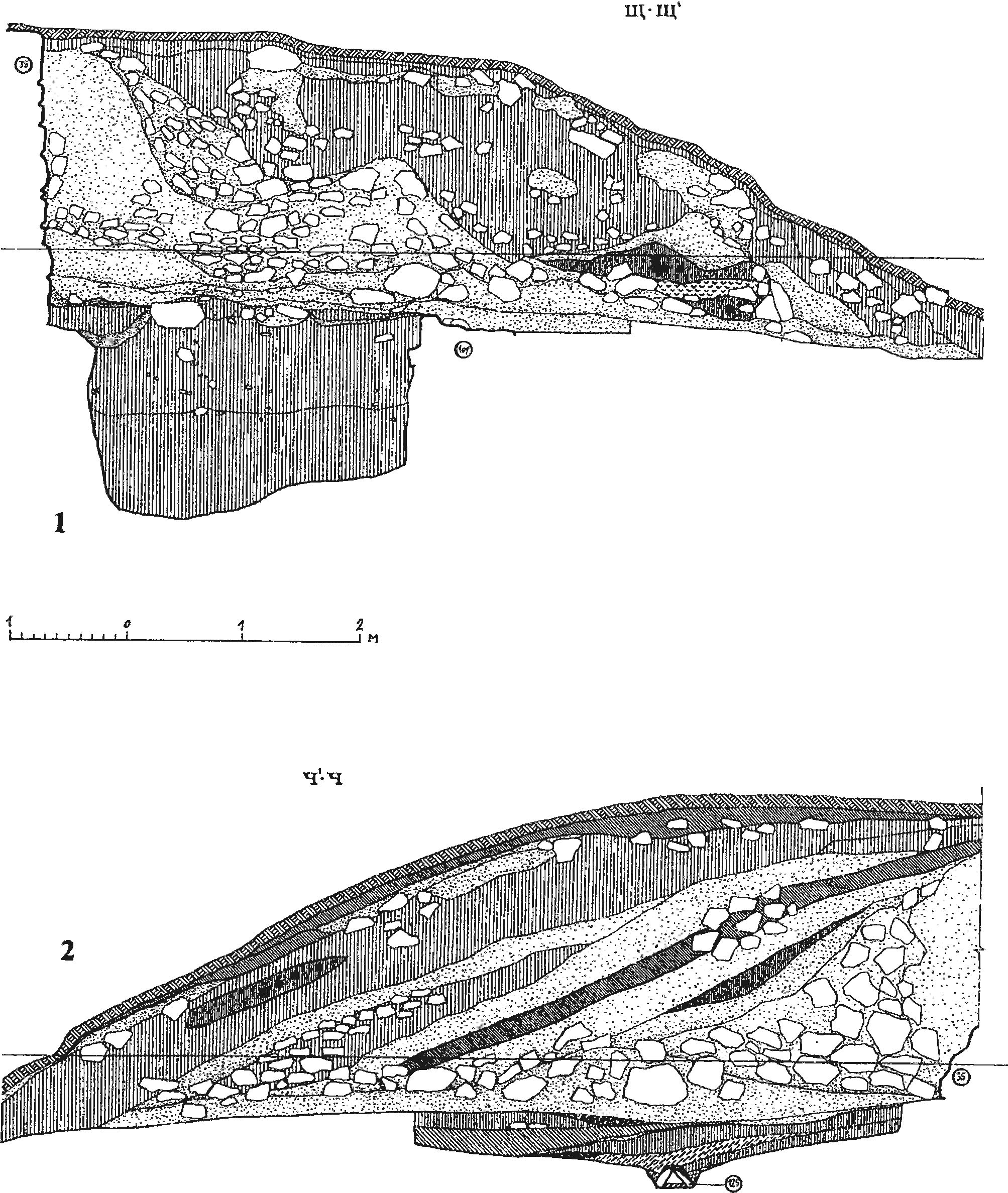Рис. 15. Стратиграфические разрезы напольной стороны восточной оборонительной стены крепости Фуна: 1, 2 — участок крепостной ограды 1422/23 гг. у потерны Рис. 15. Стратиграфические разрезы напольной стороны восточной оборонительной стены крепости Фуна: 1, 2 — участок крепостной ограды 1422/23 гг. у потерны
