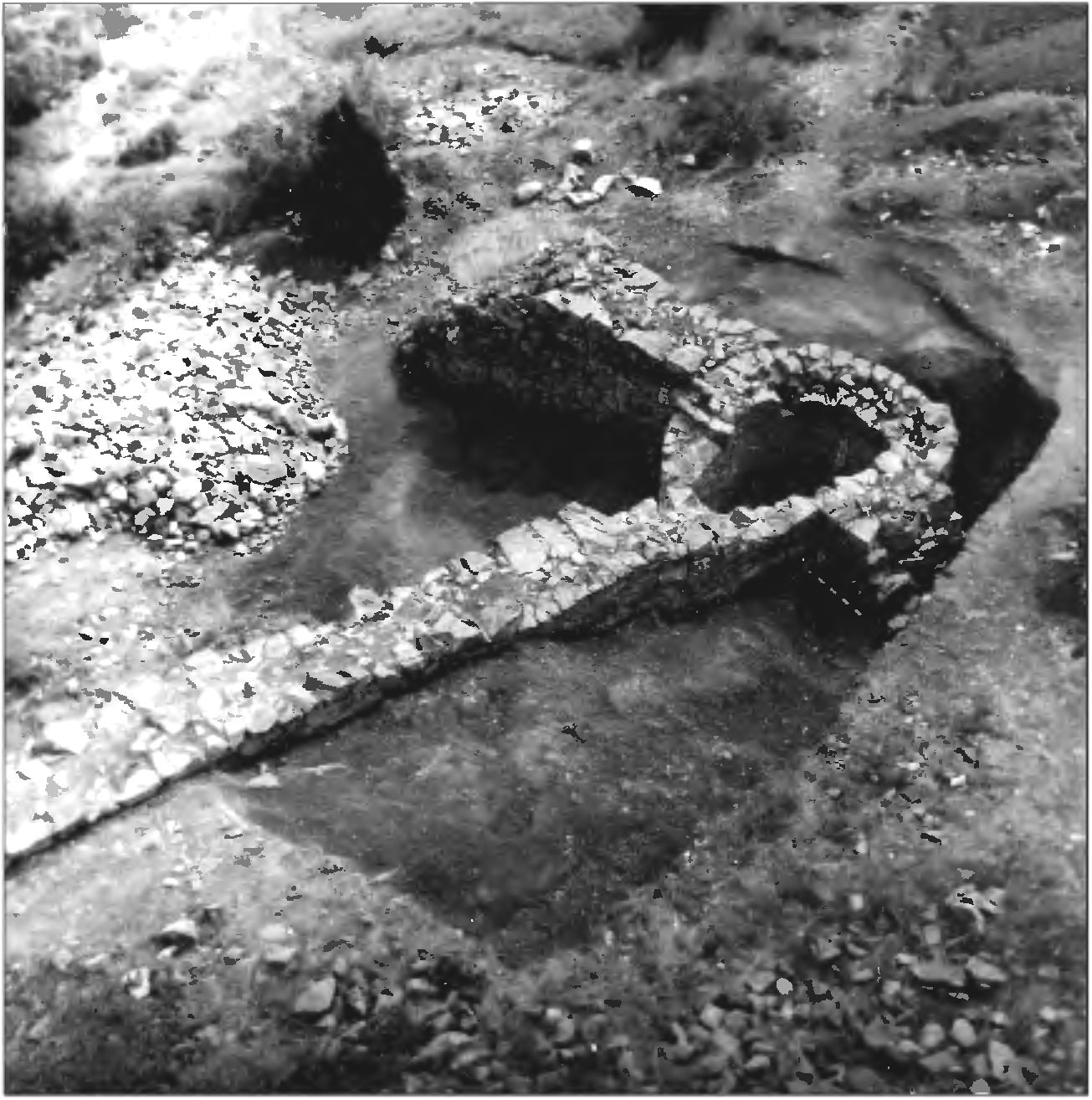 Рис. 134. Восточная башня замка (№ 1) и оборонительные стены укрепления. На заднем плане — остатки ограды нижнего двора. Общий вид с запада Рис. 134. Восточная башня замка (№ 1) и оборонительные стены укрепления. На заднем плане — остатки ограды нижнего двора. Общий вид с запада