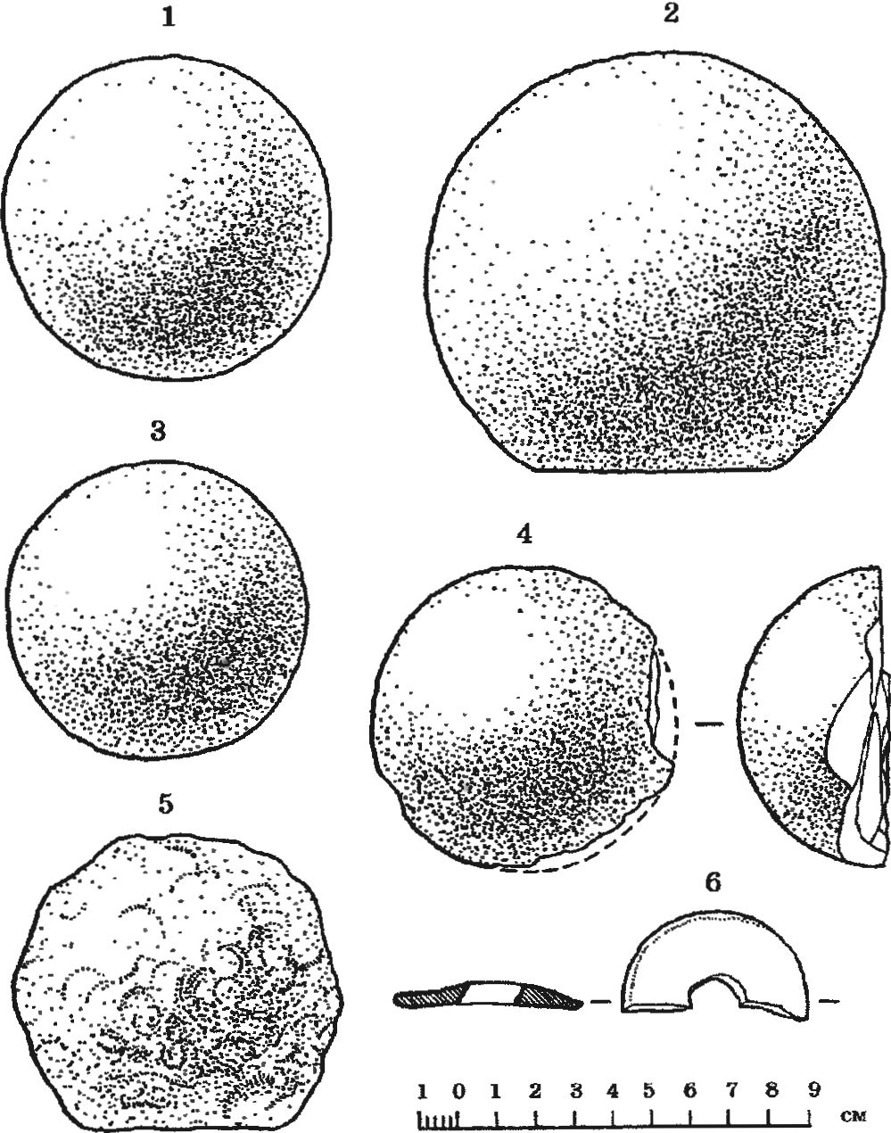Рис. 144. Каменные ядра и пряслице из раскопок укрепления: 1, 6 — песчаник; 2, 3, 4, 5 — известняк Рис. 144. Каменные ядра и пряслице из раскопок укрепления: 1, 6 — песчаник; 2, 3, 4, 5 — известняк