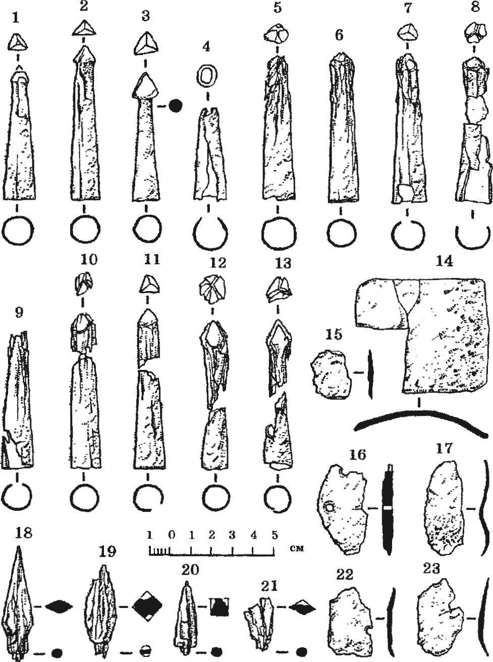 Рис. 145. Предметы вооружения из раскопок замка Тасили: 1—13 — арбалетные болты; 14—17, 22, 23 — пластины доспеха; 18—21 — наконечники стрел Рис. 145. Предметы вооружения из раскопок замка Тасили: 1—13 — арбалетные болты; 14—17, 22, 23 — пластины доспеха; 18—21 — наконечники стрел