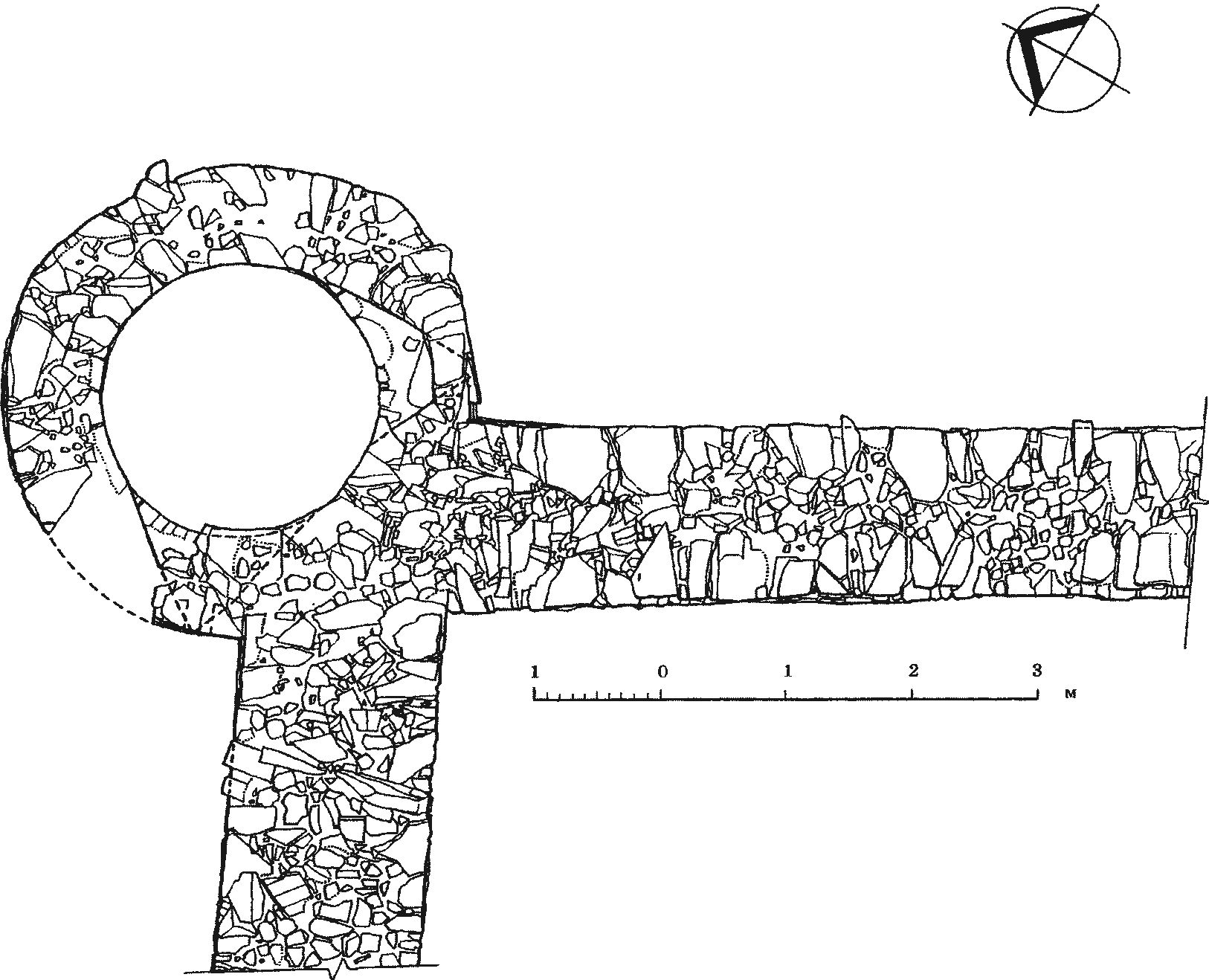 Рис. 146. План северной башни (№ 2): 1 — разрез ЮВ—СЗ по оси юго-восточной бойницы; 2 — разрез СВ—ЮЗ по оси юго-западной бойницы Рис. 146. План северной башни (№ 2): 1 — разрез ЮВ—СЗ по оси юго-восточной бойницы; 2 — разрез СВ—ЮЗ по оси юго-западной бойницы