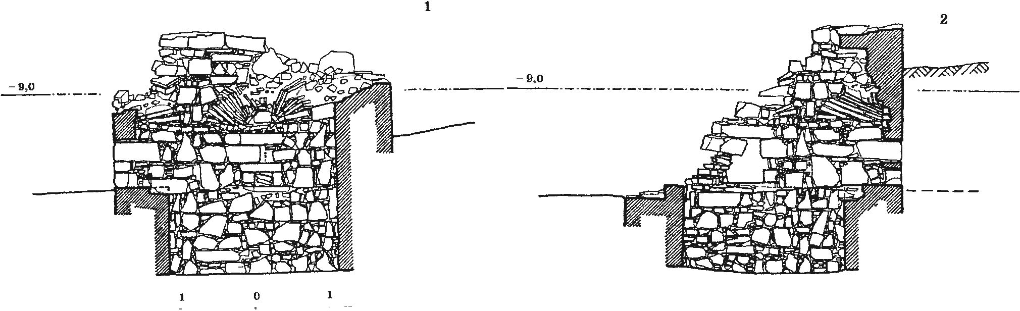 Рис. 147 Разрезы северной башни (№ 2): 1 — разрез ЮВ—СЗ по оси юго-восточной бойницы; 2 — разрез СВ—ЮЗ по оси юго-западной бойницы Рис. 147 Разрезы северной башни (№ 2): 1 — разрез ЮВ—СЗ по оси юго-восточной бойницы; 2 — разрез СВ—ЮЗ по оси юго-западной бойницы