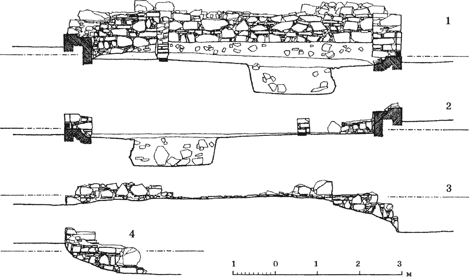 Рис. 161. Виды и разрезы церкви поселения: 1 — продольный разрез по оси В—З; 2 — продольный разрез по оси З—В; 3 — южный фасад; 4 — северный фасад Рис. 161. Виды и разрезы церкви поселения: 1 — продольный разрез по оси В—З; 2 — продольный разрез по оси З—В; 3 — южный фасад; 4 — северный фасад