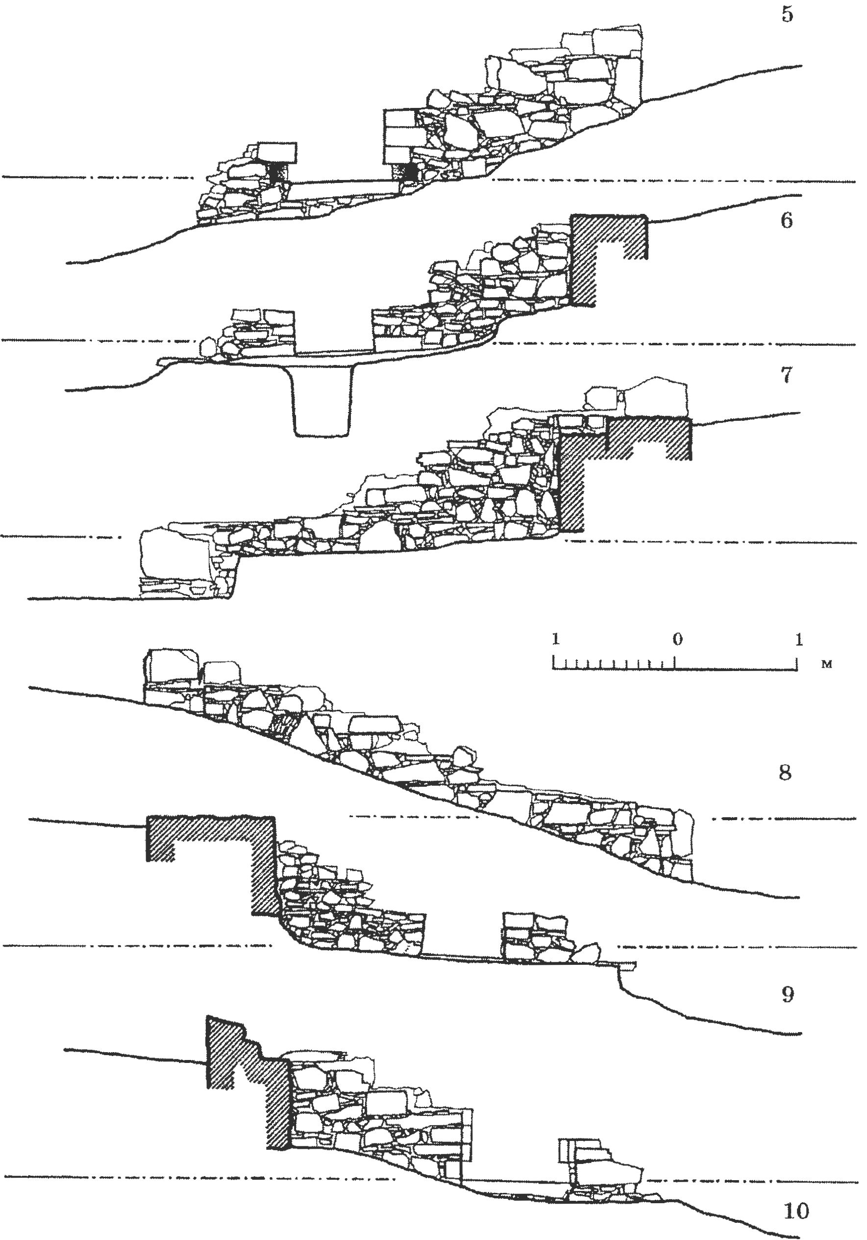 Рис. 162. Виды и разрезы церкви поселения (продолжение): 5 — западный фасад; 6 — вид алтарной преграды с запада; вид алтарного полукружия с запада; 8 — восточный фасад; 9 — вид алтарной преграды с востока; 10 — поперечный разрез по линии Ю—С Рис. 162. Виды и разрезы церкви поселения (продолжение): 5 — западный фасад; 6 — вид алтарной преграды с запада; вид алтарного полукружия с запада; 8 — восточный фасад; 9 — вид алтарной преграды с востока; 10 — поперечный разрез по линии Ю—С