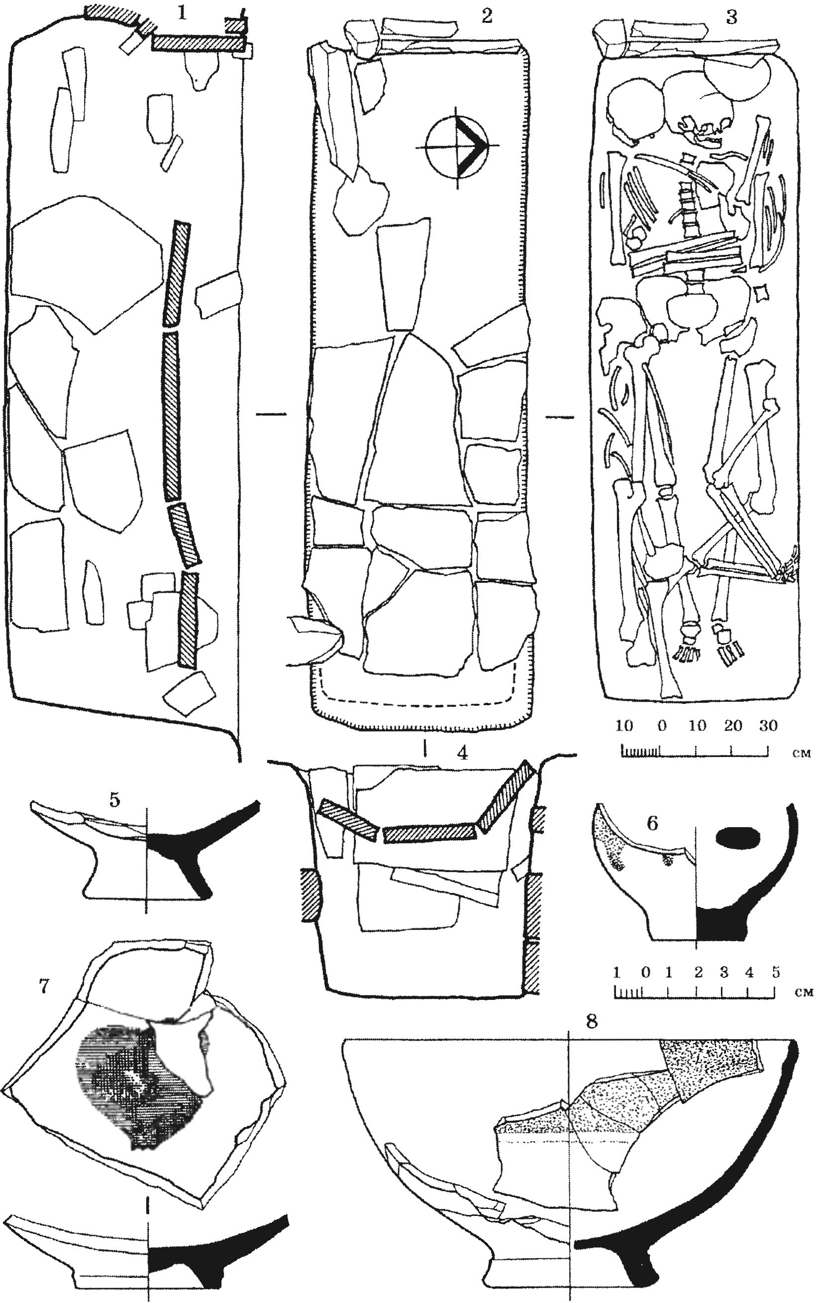 Рис. 163. Планы и разрезы могилы № 1. Отдельные находки из раскопок церкви поселения Рис. 163. Планы и разрезы могилы № 1. Отдельные находки из раскопок церкви поселения