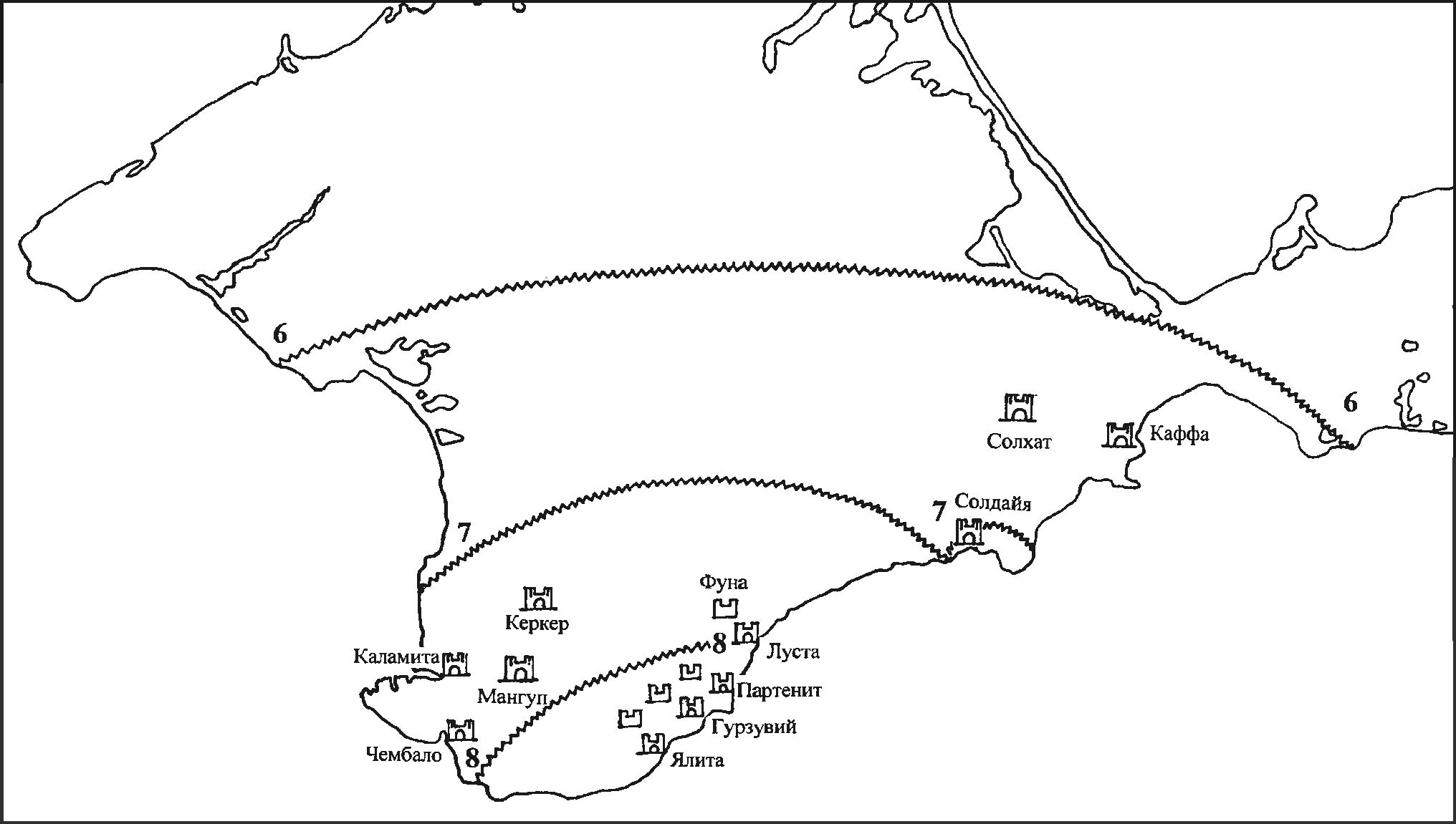 Рис. 19. Карта-схема расположения основных памятников Газарии XV в. с нанесением изосейсты 8 (8—9?) баллов землетрясения 1423 г. Рис. 19. Карта-схема расположения основных памятников Газарии XV в. с нанесением изосейсты 8 (8—9?) баллов землетрясения 1423 г.
