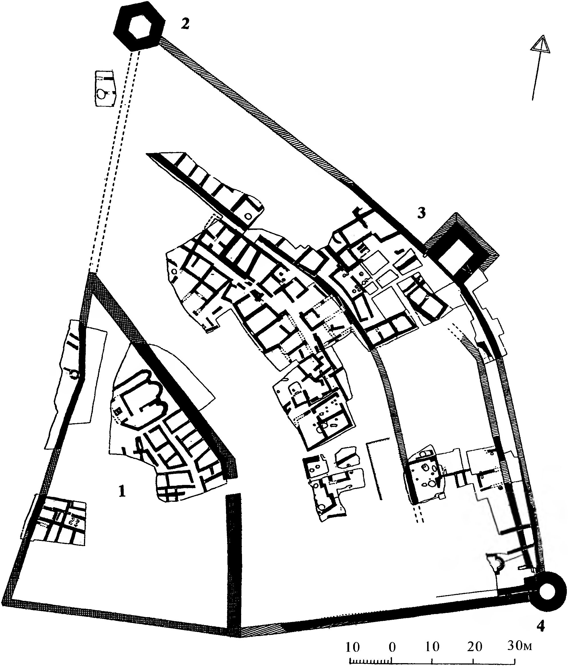 Рис. 172. План крепости Алустон VI—XV вв.: 1 — башня Чатал-Куле («Рогатая»); 2 — башня Орта-Куле («Средняя»); 3 — башня Ашага-Куле («Нижняя»); 4 — цитадель Рис. 172. План крепости Алустон VI—XV вв.: 1 — башня Чатал-Куле («Рогатая»); 2 — башня Орта-Куле («Средняя»); 3 — башня Ашага-Куле («Нижняя»); 4 — цитадель