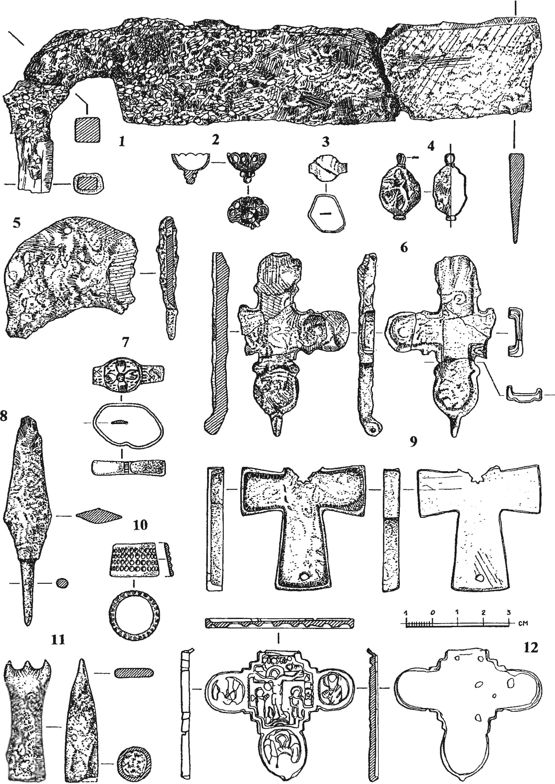 Рис. 180. Индивидуальные находки из раскопок башни Орта-Куле. Местонахождение: 1, 5, 6, 9 — слой пожара; 2, 11 — слой серого золистого грунта; 3 — глубина 1,5 м; 4 — глубина 1,8 м; 8 — глубина — 3—3,5 м; 10 — глубина 3 м; 12 — забутовка кладки 369. Материал: 1, 5, 8, 11 — железо; 2, 3, 7 — серебро;4, 6, 9, 10, 12 — бронза Рис. 180. Индивидуальные находки из раскопок башни Орта-Куле. Местонахождение: 1, 5, 6, 9 — слой пожара; 2, 11 — слой серого золистого грунта; 3 — глубина 1,5 м; 4 — глубина 1,8 м; 8 — глубина — 3—3,5 м; 10 — глубина 3 м; 12 — забутовка кладки 369. Материал: 1, 5, 8, 11 — железо; 2, 3, 7 — серебро;4, 6, 9, 10, 12 — бронза