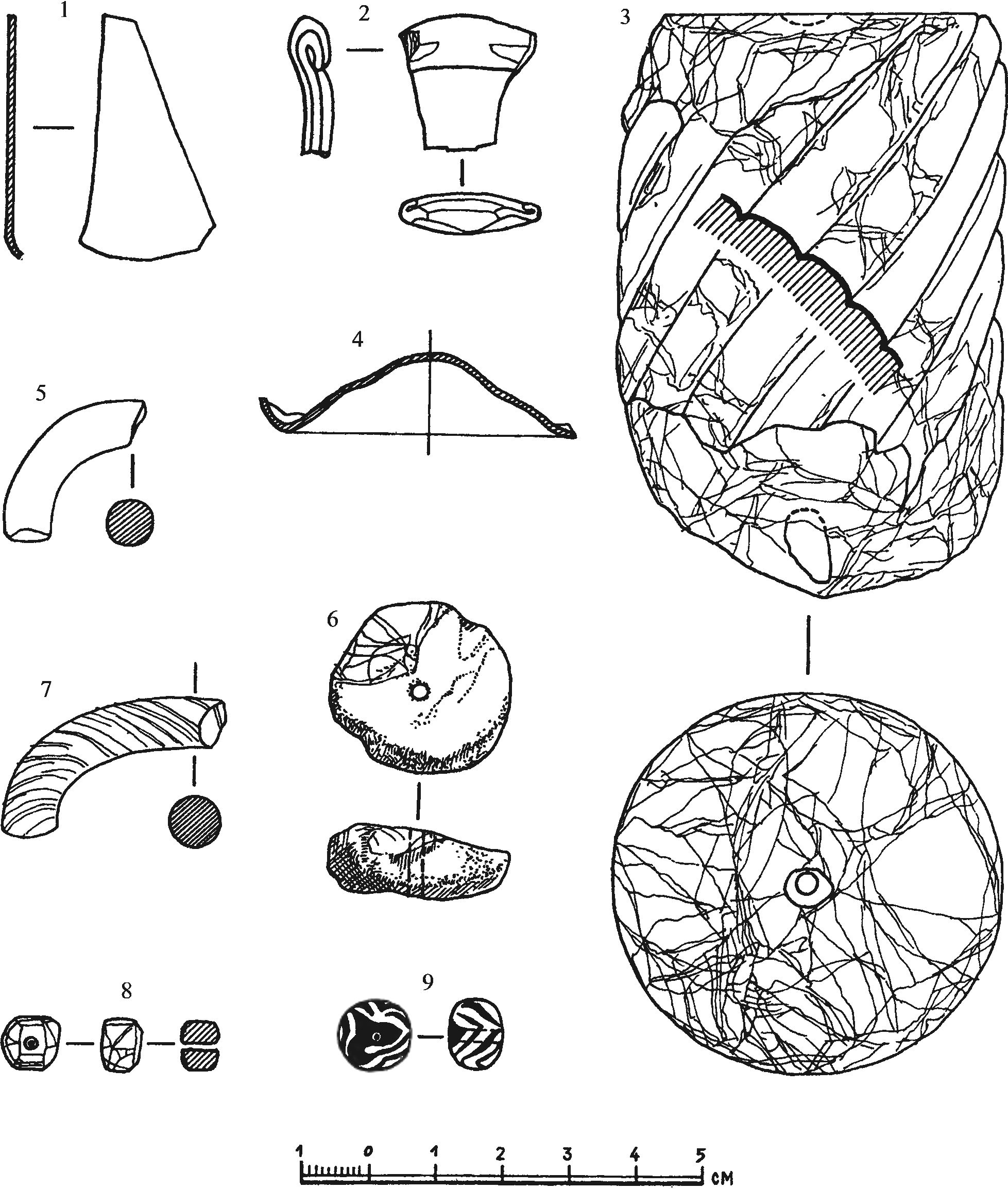 Рис. 181. Фрагменты каменных и стеклянных изделий из раскопа башни Орта-Куле. Местонахождение: 6 — слой современной застройки; 7, 8 — слой серого золистого грунта; 1, 4 — слой пожара; 2, 3 — заполнение башни, глубина 2—2,5 м; 5 — слой серо-зеленого грунта у кл. 371 и 375. Материал: 6 — янтарь; 3 — известняк; 8 — сердолик; 9 — паста Рис. 181. Фрагменты каменных и стеклянных изделий из раскопа башни Орта-Куле. Местонахождение: 6 — слой современной застройки; 7, 8 — слой серого золистого грунта; 1, 4 — слой пожара; 2, 3 — заполнение башни, глубина 2—2,5 м; 5 — слой серо-зеленого грунта у кл. 371 и 375. Материал: 6 — янтарь; 3 — известняк; 8 — сердолик; 9 — паста