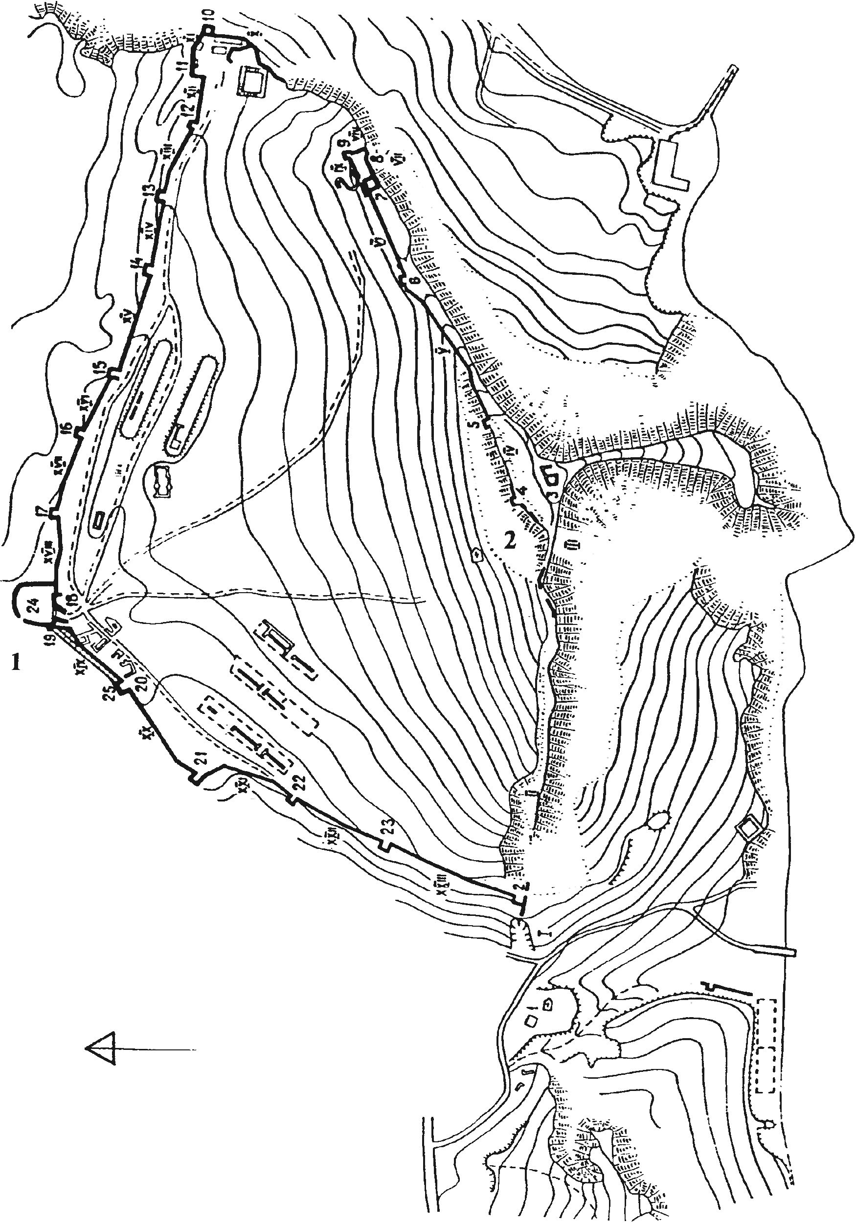 Рис. 20. Крепость Солдайя XIV—XV вв. 1 — Нижний город (каструм Санта Кроче); 2 — Верхний город (каструм Санта Элиа) Рис. 20. Крепость Солдайя XIV—XV вв. 1 — Нижний город (каструм Санта Кроче); 2 — Верхний город (каструм Санта Элиа)