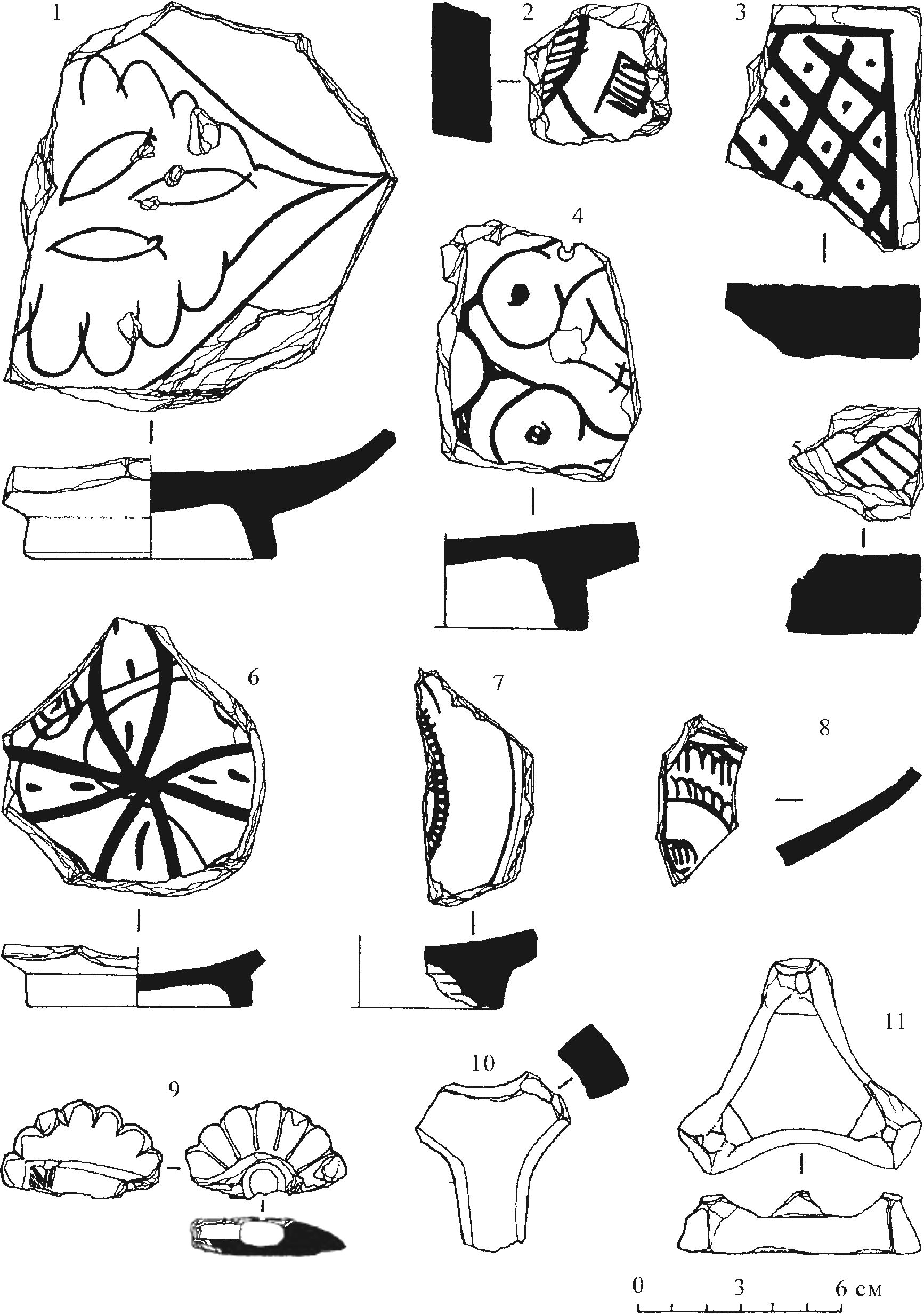 Рис. 182. Фрагменты керамических изделий из раскопа башни Орта-Куле. Местонахождение: 2, 3, 5, 7, 9 — слой современной застройки территории башни; 1, 4, 6, 11 — слой серого золистого грунта; 10 — слой известкового натека пола башни; 8 — надматериковый слой серого грунта у кл. 374 с внешней стороны строения Рис. 182. Фрагменты керамических изделий из раскопа башни Орта-Куле. Местонахождение: 2, 3, 5, 7, 9 — слой современной застройки территории башни; 1, 4, 6, 11 — слой серого золистого грунта; 10 — слой известкового натека пола башни; 8 — надматериковый слой серого грунта у кл. 374 с внешней стороны строения